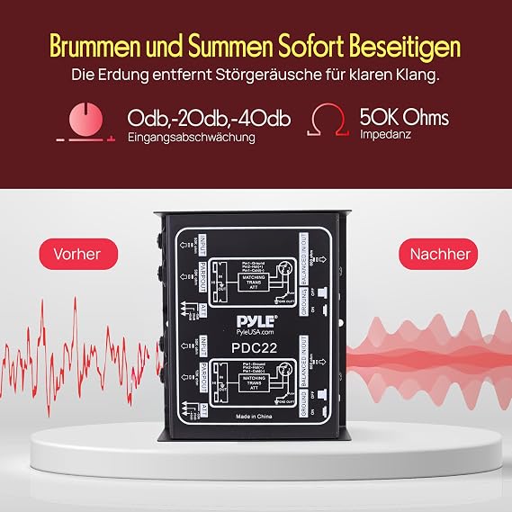 Pyle DI Box Di - Passive Direct Injection Box with Hum Remover and Input Mute for Guitar & Bass - Impedance Transformer