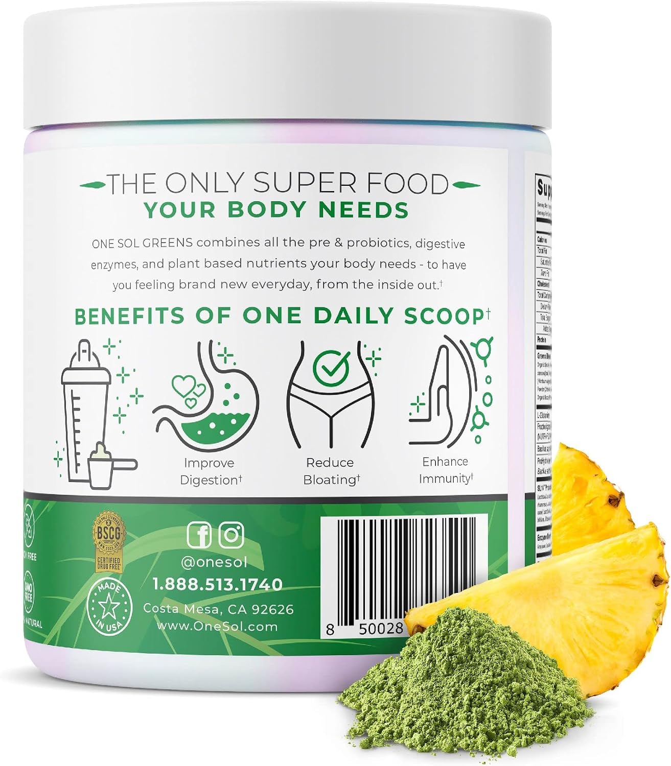 One Sol Greens, Super Greens Powder to Reduce Bloating & Improve Gut Health, Superfood Fresh Bloom Organic Greens Blend Juice & Smoothie Mix, Pre & Probiotic with Digestive Enzymes, Vegan & Soy Free