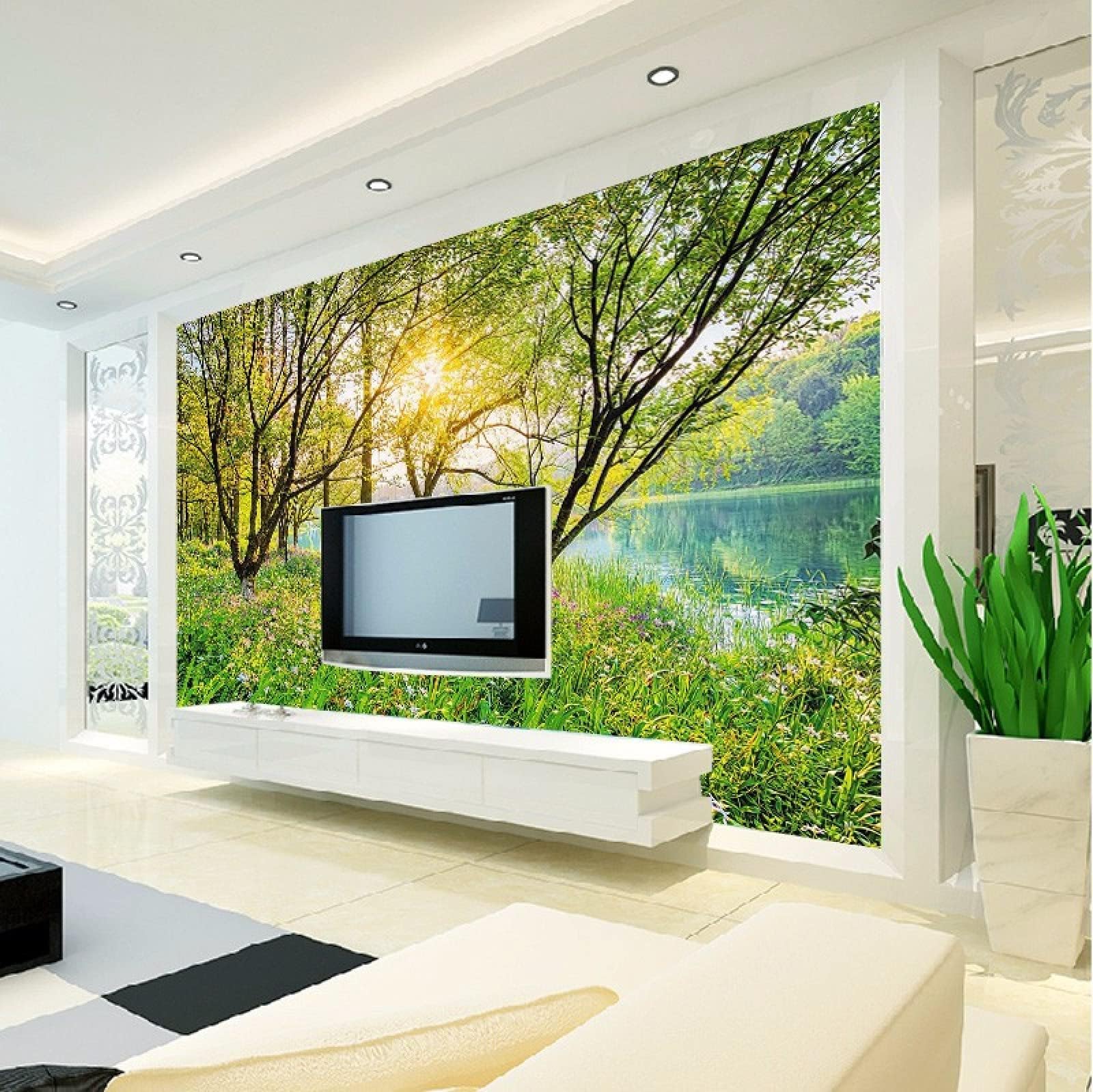 INSTR Forest Grass Lake 3D Wall Decals Wallpapers, Natural Scenery Wallpaper,for Bedroom Restaurant Murals Living Room Sofa Living Room Large TV