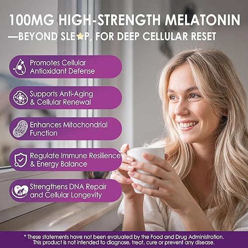 Miniatura 5 de Melatonin 100mg for Antioxidant & Cognitive Health, Ultra High Dose Melatonin with CoQ10, Turmeric, Trans-Resveratrol, Vitamin B12 C E for Brain