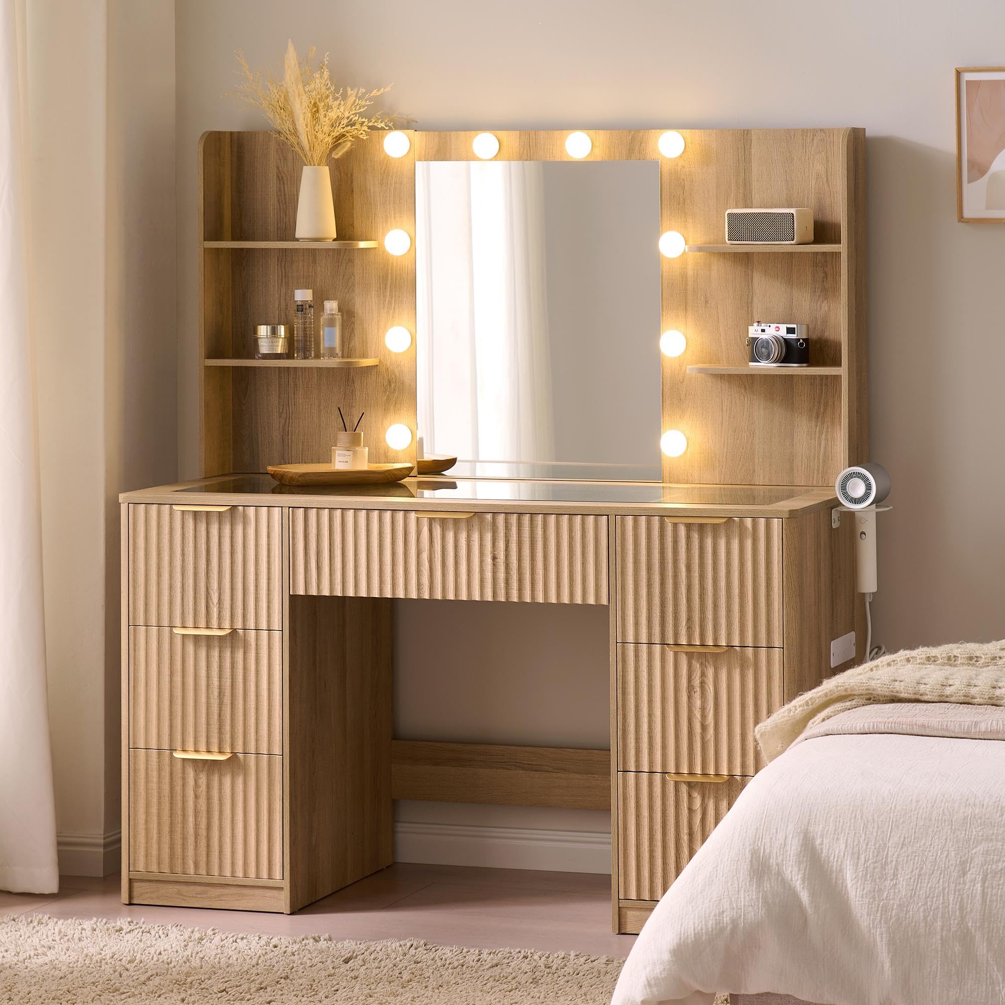 LUXOAK Schminktisch mit Spiegel & 10 LED-Lampen, Großer Frisiertisch mit Glasplatte & Steckdose, 7 Schubladen & Föhnhalterung, Moderner Kosmetiktisch für Schlafzimmer, Eiche