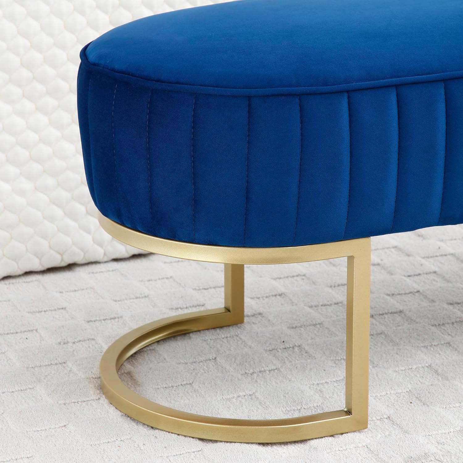 Velvet Storage Bench, Oval Upholstered End of Bed Bench with Golden Metal Legs, 50" Modern Ottoman Bench for Bedroom, Living Room,Entryway,Window (Blue)