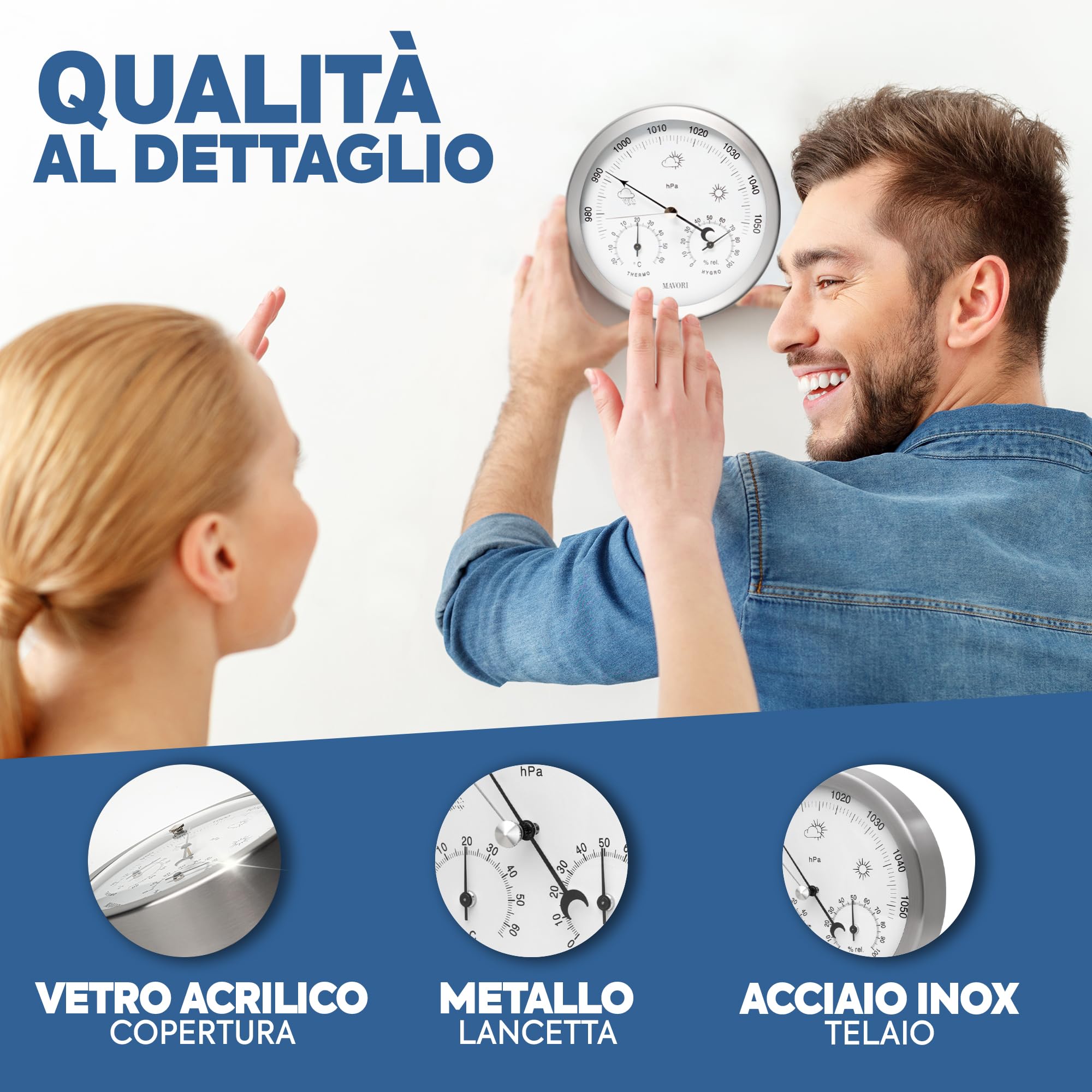 Stazione meteo analogica - Barometro, Igrometro e Termometro 3in1 per interni ed esterni - barometro analogico in acciaio inox Ø 13,5cm con vetro acrilico dal design moderno