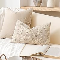 BlissBlush 12x20 Embroidered Velvet Lumbar Pillow Cover - Neutral Beige Farmhouse Boho Throw Pillowcase for Sofa Couch Bed (Cover Only)