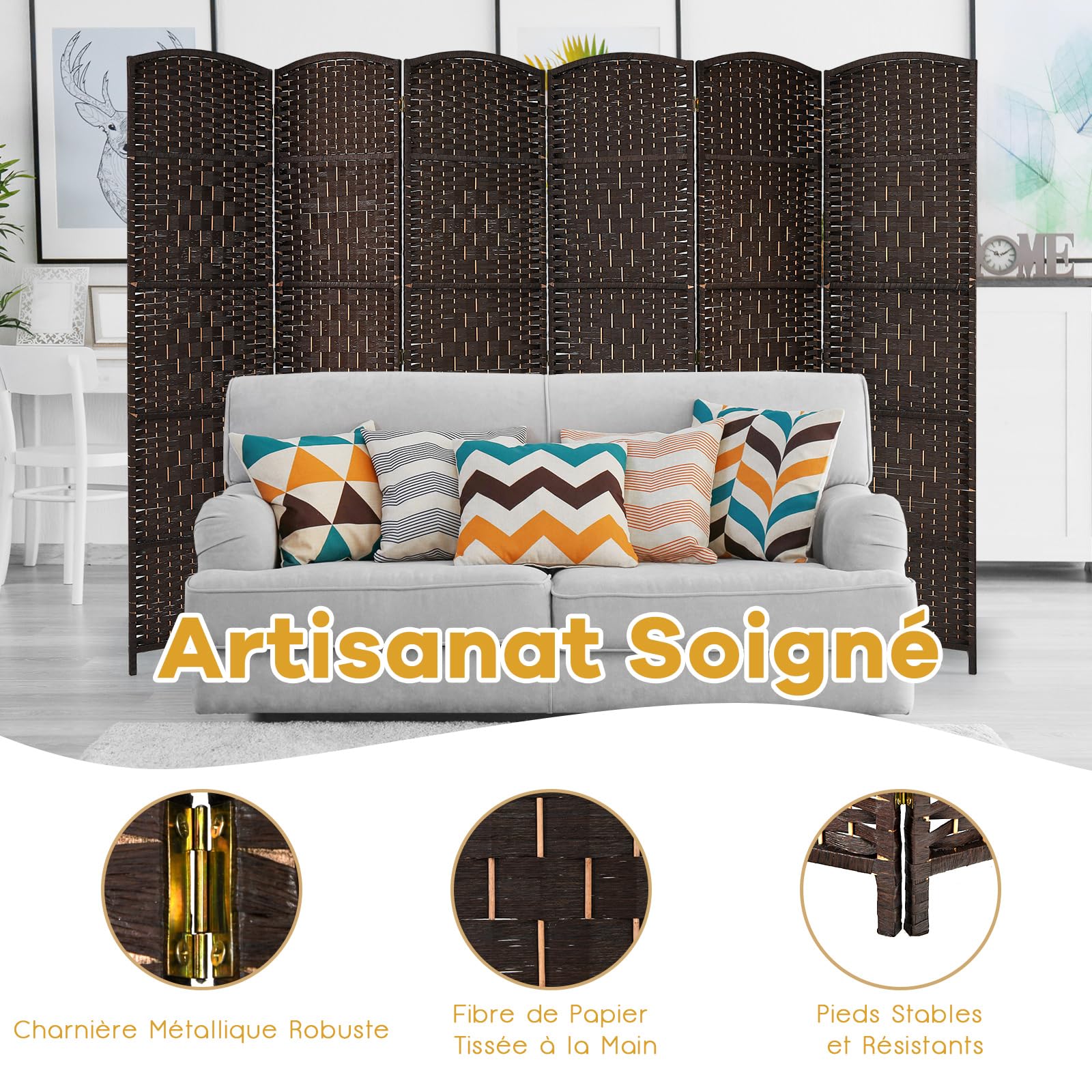 COSTWAY Paravent Interieur Exterieur Pliable à 6 Panneaux, Cloison de Separation Interieur 273 x 180, cm, Cadre en Bois de Peuplier, Separateur de Pieces pour Salon Bureau Balcon (273 x 180 cm,Marron)