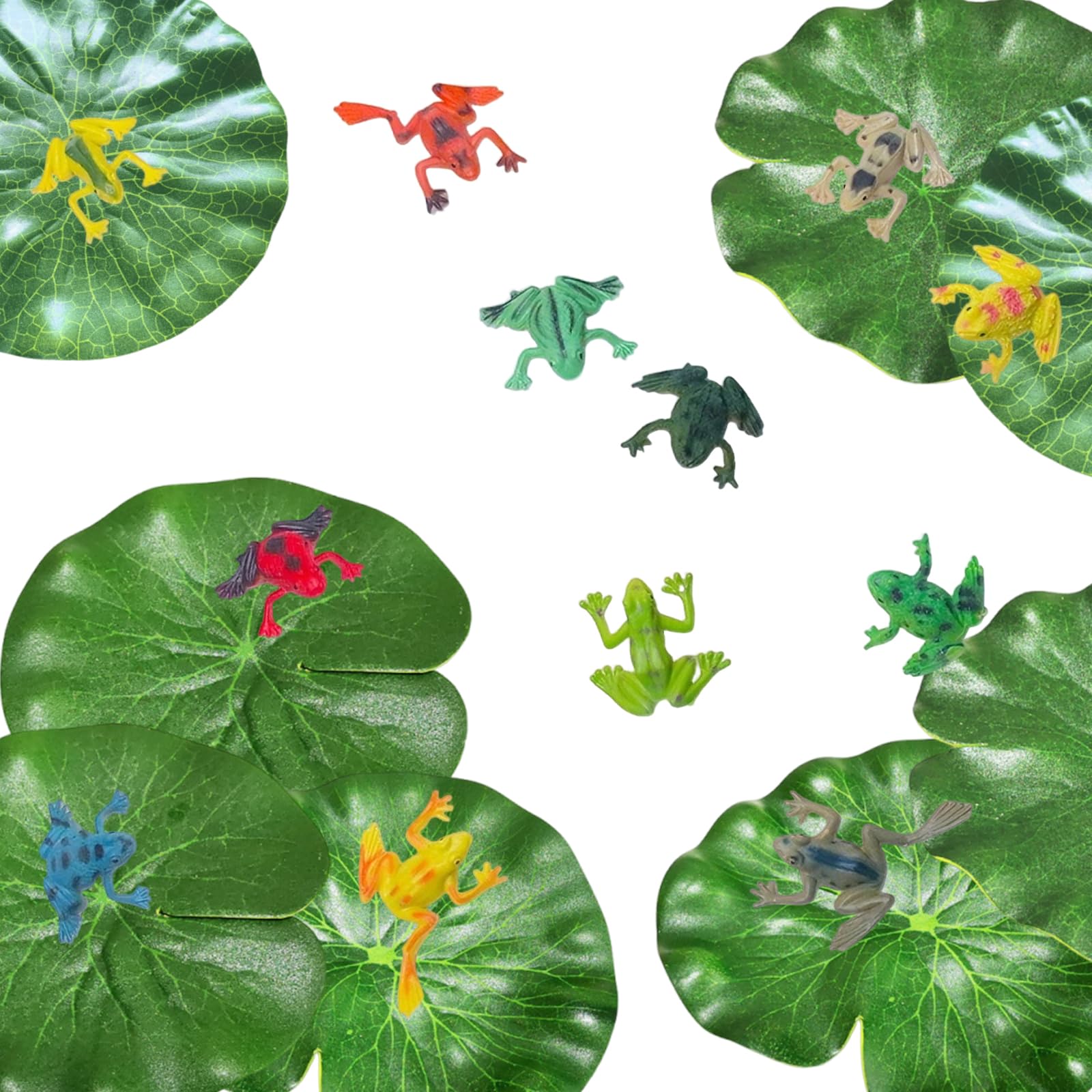 Mtbricey Floating Lily Pads with Frog Ornaments 12 Piece Water Feature Decoration Set Realistic Artificial Pond Plants Mini Animal Figures for Garden Ponds and Fountains