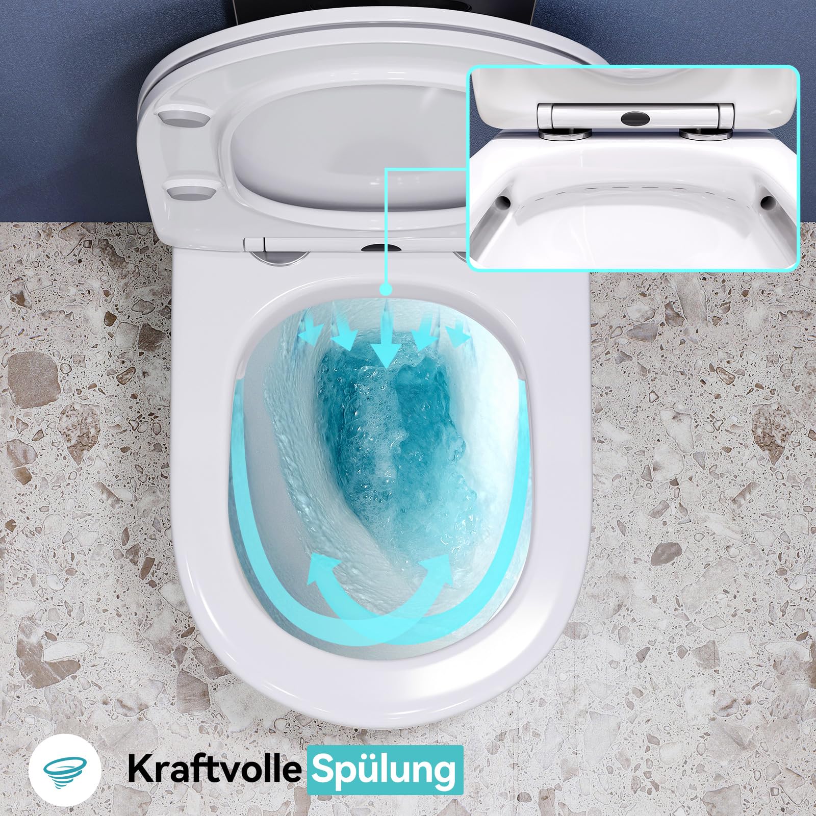 Cuvette WC Suspendu sans Rebord avec Charniere Abattant Soft-Close - Toilette Suspendu en Céramique Blanc - Chasse d'Eau Directe et sans Bordure - Lunette WC Amovible avec Fermeture en Douceur