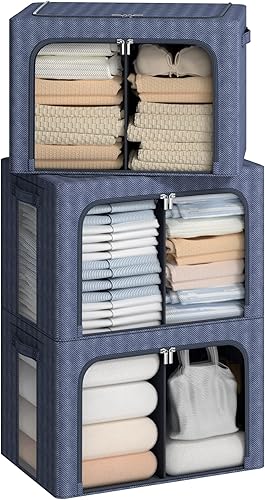 Paquete de 2 contenedores de almacenamiento apilables con marco Oxford con ventana transparente, soporte para etiquetas, asas de transporte