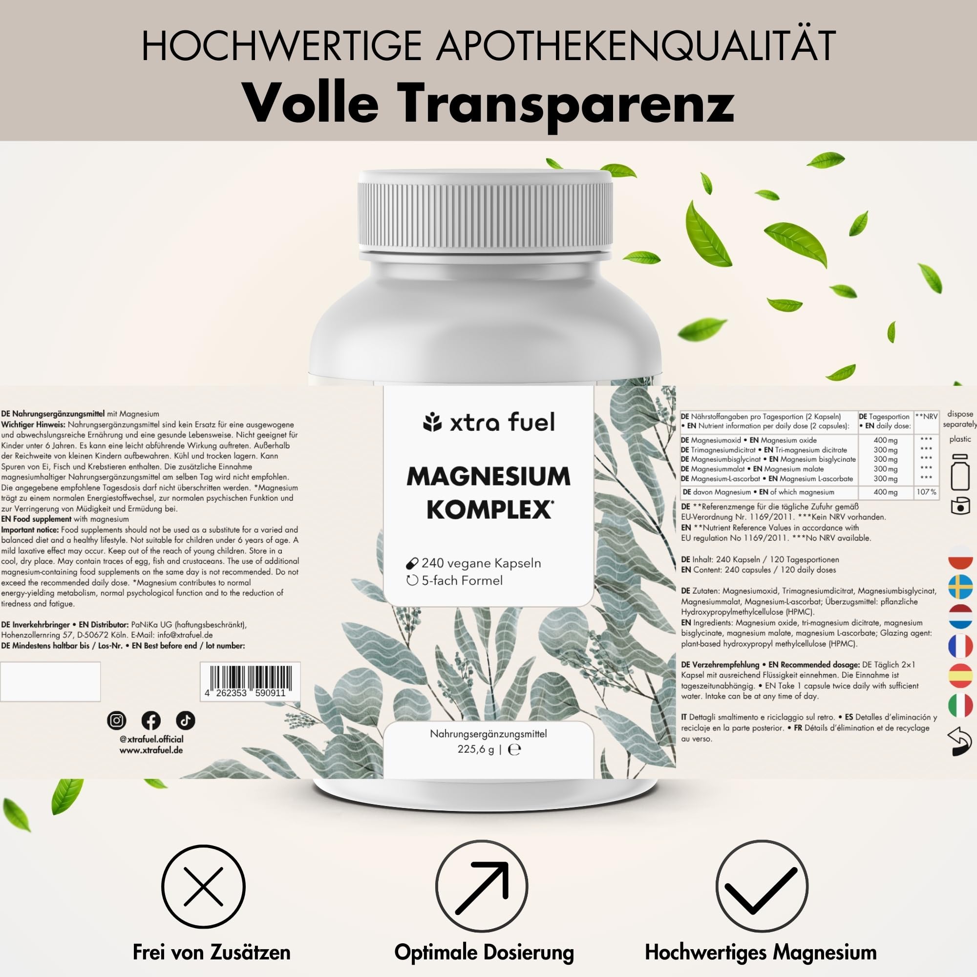 Magnesium Komplex hochdosiert - 720 Kapseln, 400 mg elementares Magnesium, 5-fach Komplex für Muskeln & Nerven aus Oxid, Citrat, Bisglycinat, Malat & Ascorbat – laborgeprüft & vegan