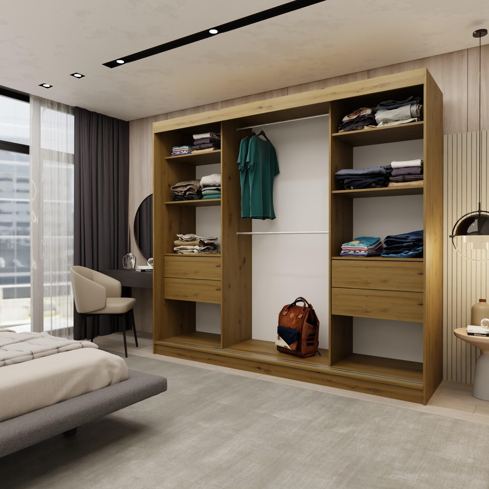 Margaret Hadas24 Kleiderschrank Erika mit Lamellen ohne Spiegel, Organizer, Mehrzweckschrank, Schwebetürenschrank, Garderobenschrank, Kleiderstange, Kleiderständer, Flurschrank, 240 cm, braun, schwarz