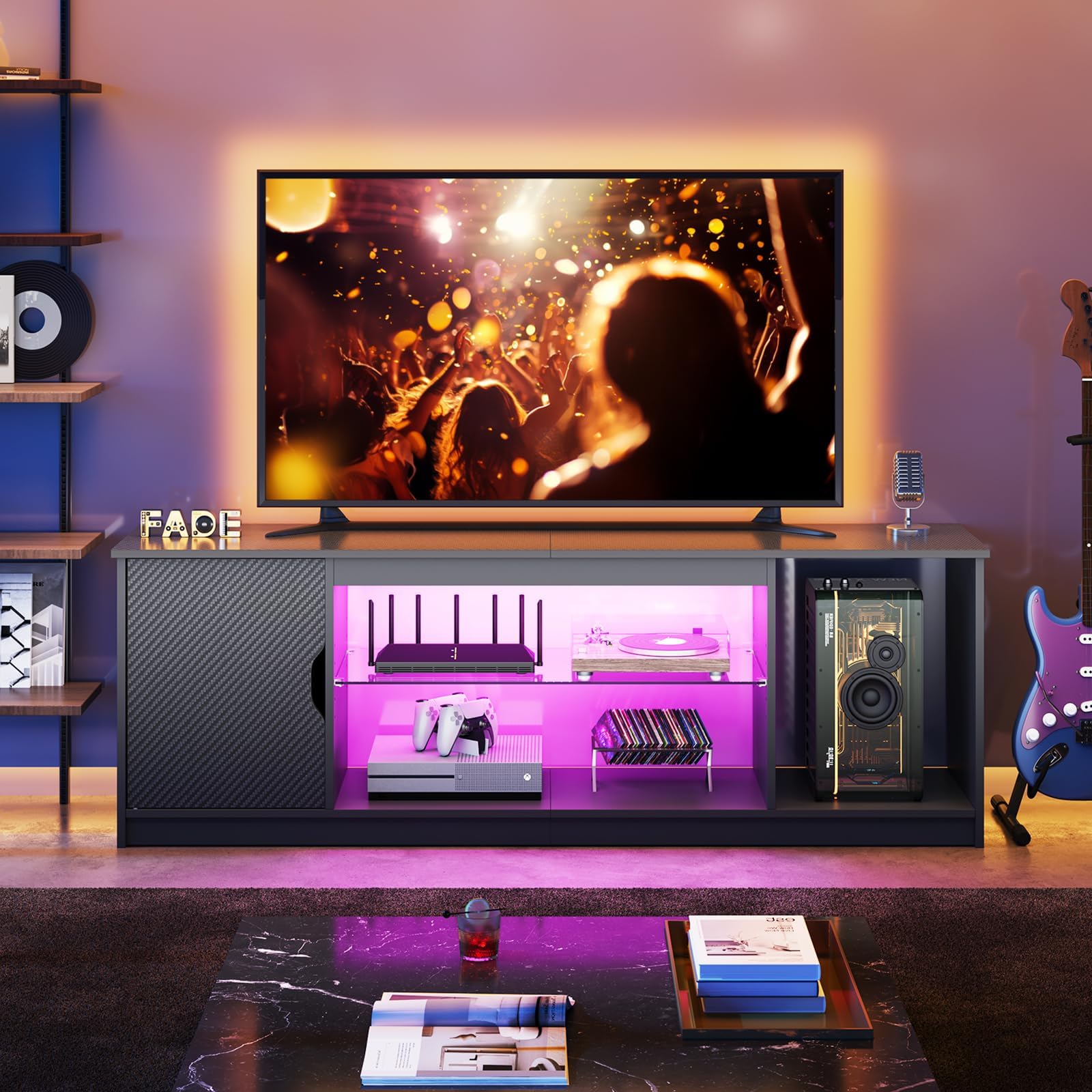 Bestier Support TV LED 145 cm pour TV de 55/60/65" avec Armoire pour PS5, Moderne, avec étagères en Verre réglables, pour Salon, Chambre à Coucher, Fibre de Carbone Noire