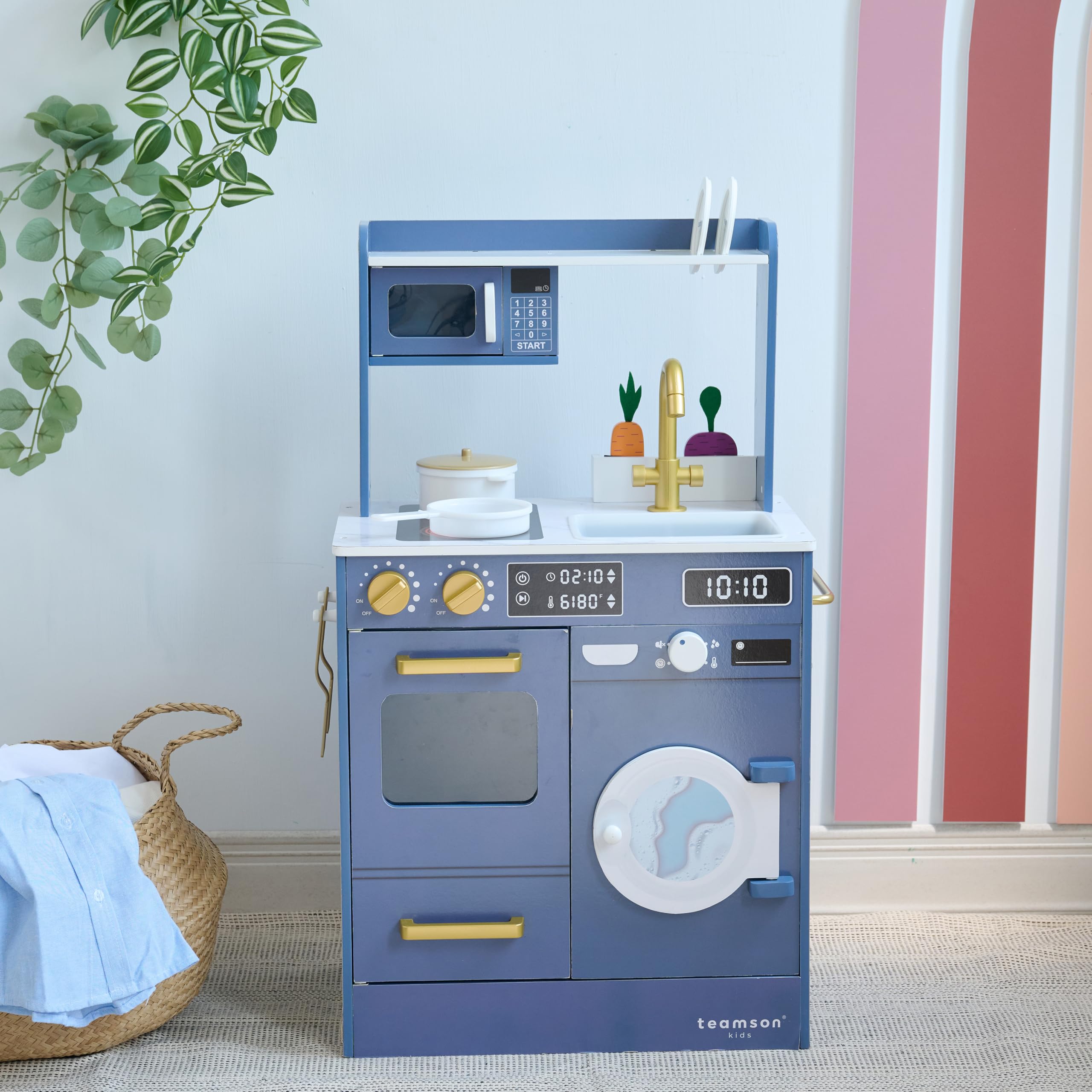 Teamson Kids Cuisine Bleue Little Chef en Bois avec Potager Miniature, évier, Four, Machine à Laver et 9 Accessoires Inclus pour Enfants