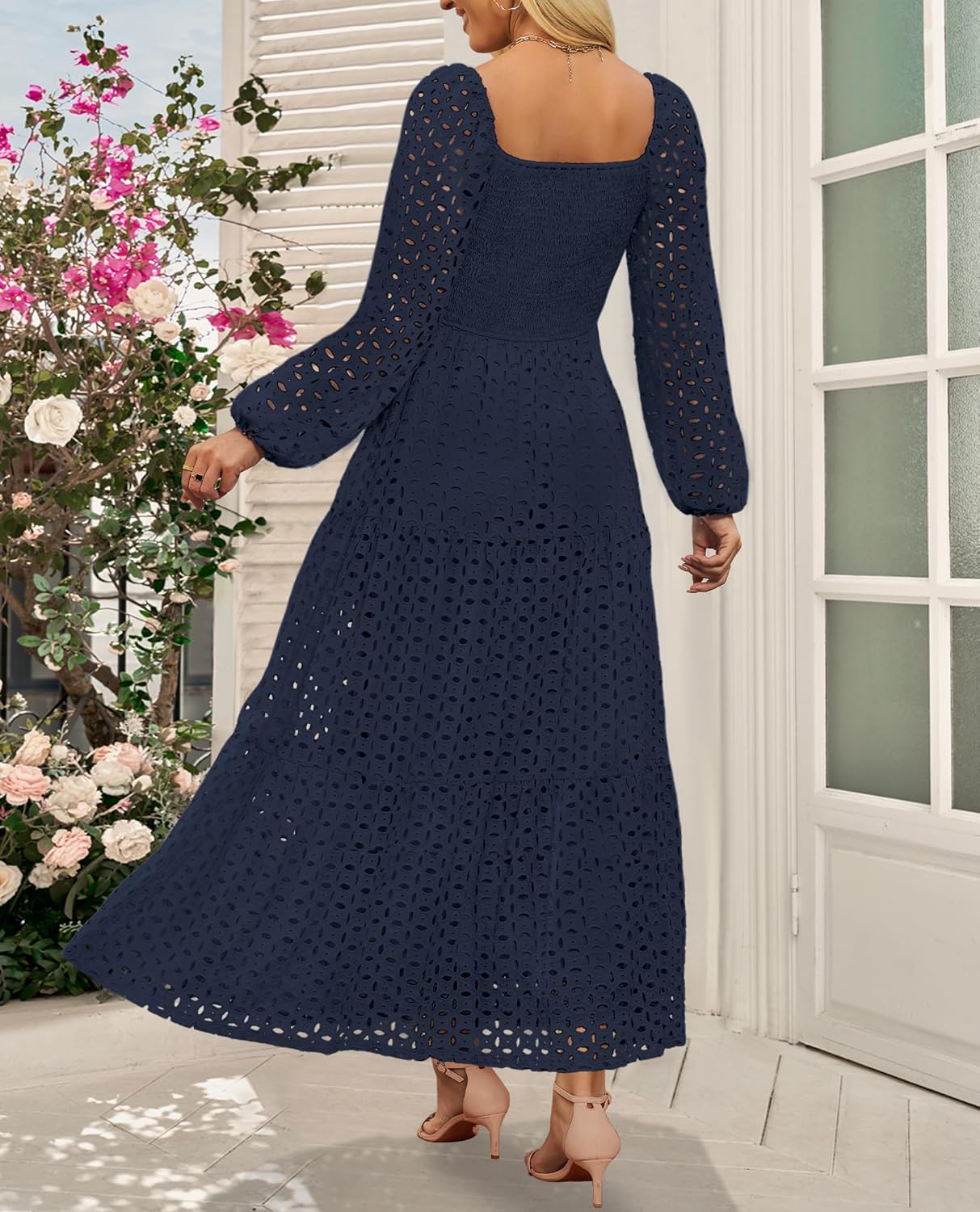 Women's Fall Long Puff Sleeve Maxi Dress Smocked Square Neck Lace Hollow Out Eyelet A Line Boho Flowy Wedding Guest Dresses - Image 4