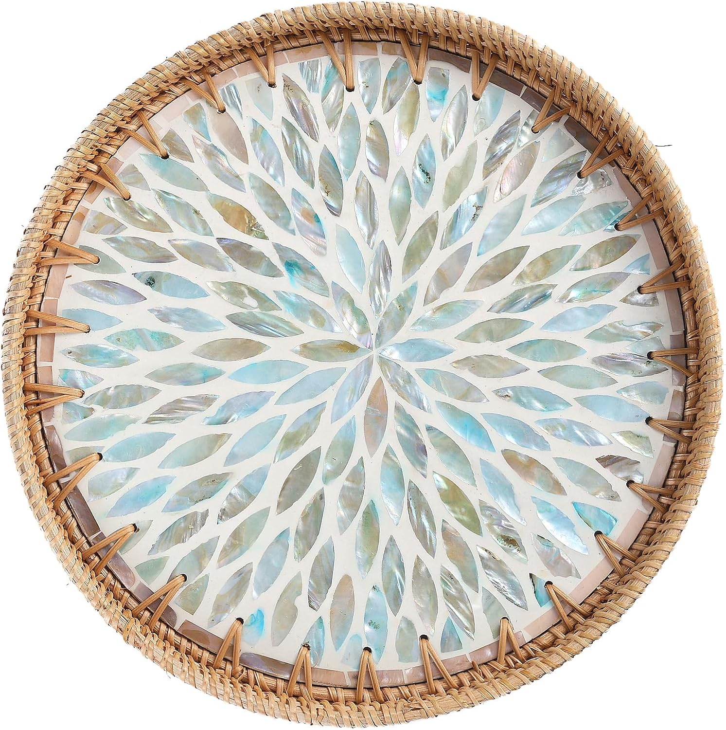Round Rattan Tray with Mother of Pearl Inlay, Rattan Serving Tray for Coffee, Bread, Fruits, Decorative Wicker Tray for Table Decor, Home Decor, Kitchen Island Decor (Ambilight, 11.8")