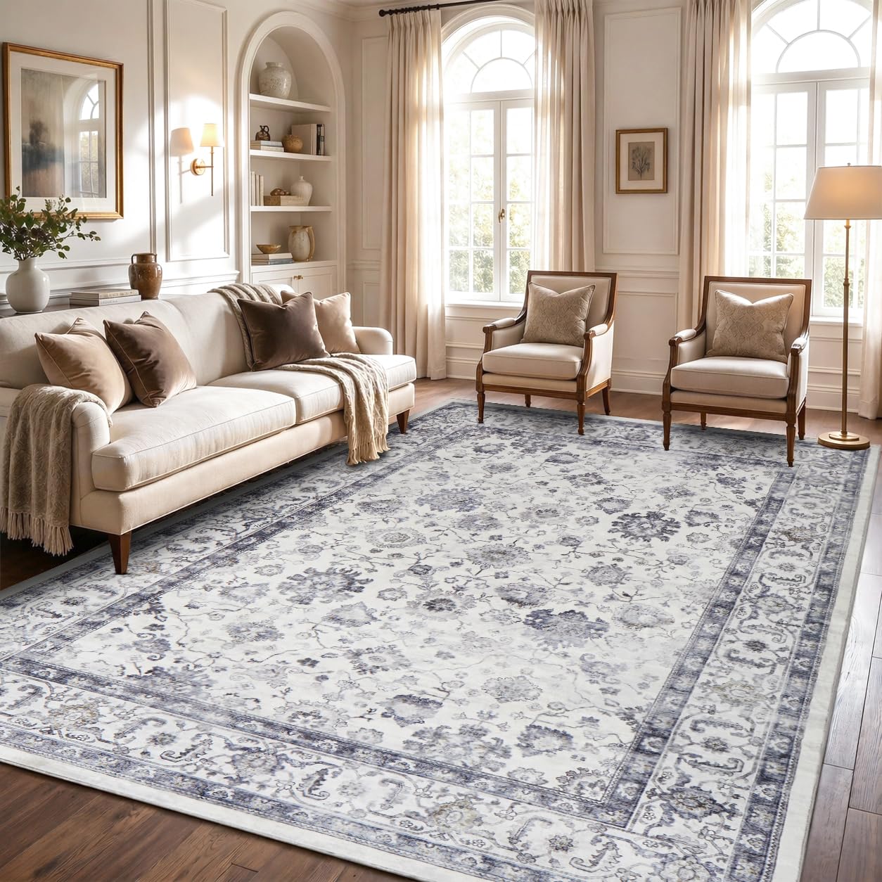 Hafaa Machine Washable Rugs Living Room Large 160x230 cm – Soft Short Pile Grey Area Rugs For Bedroom, Kitchen Carpet Non Slip Bedside Rug Traditional Floral Design Vintage Boho Cashmere Rug, Serene — image 1