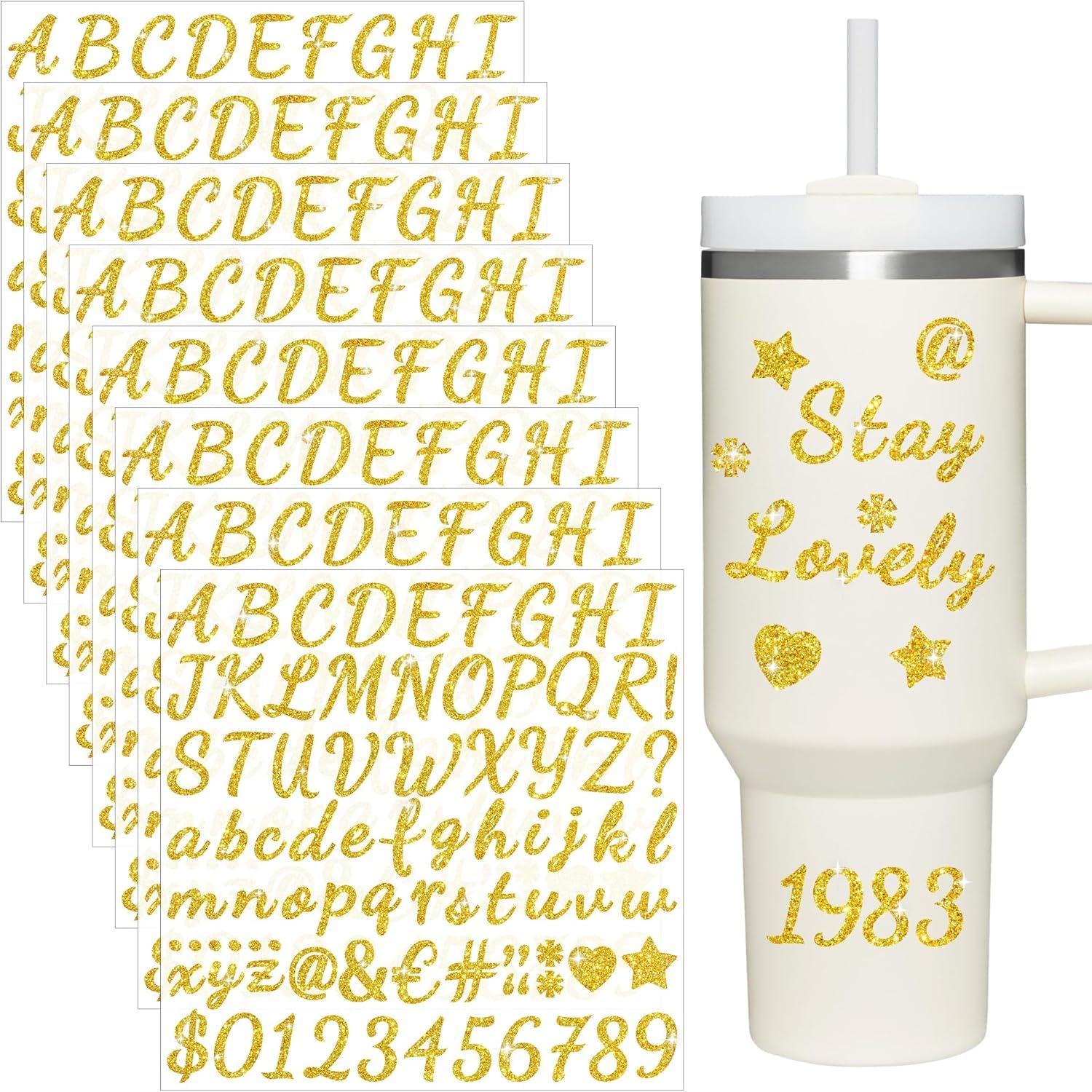Sondeng Gold 8 Sheets Glitter Letter Stickers For Cup, Alphabet Name Stickers For Water Bottles,Vinyl Waterproof Personalized Letter Number Name Tags Logo Sticker For Scrapbooking Tumbler Accessories(Gold)