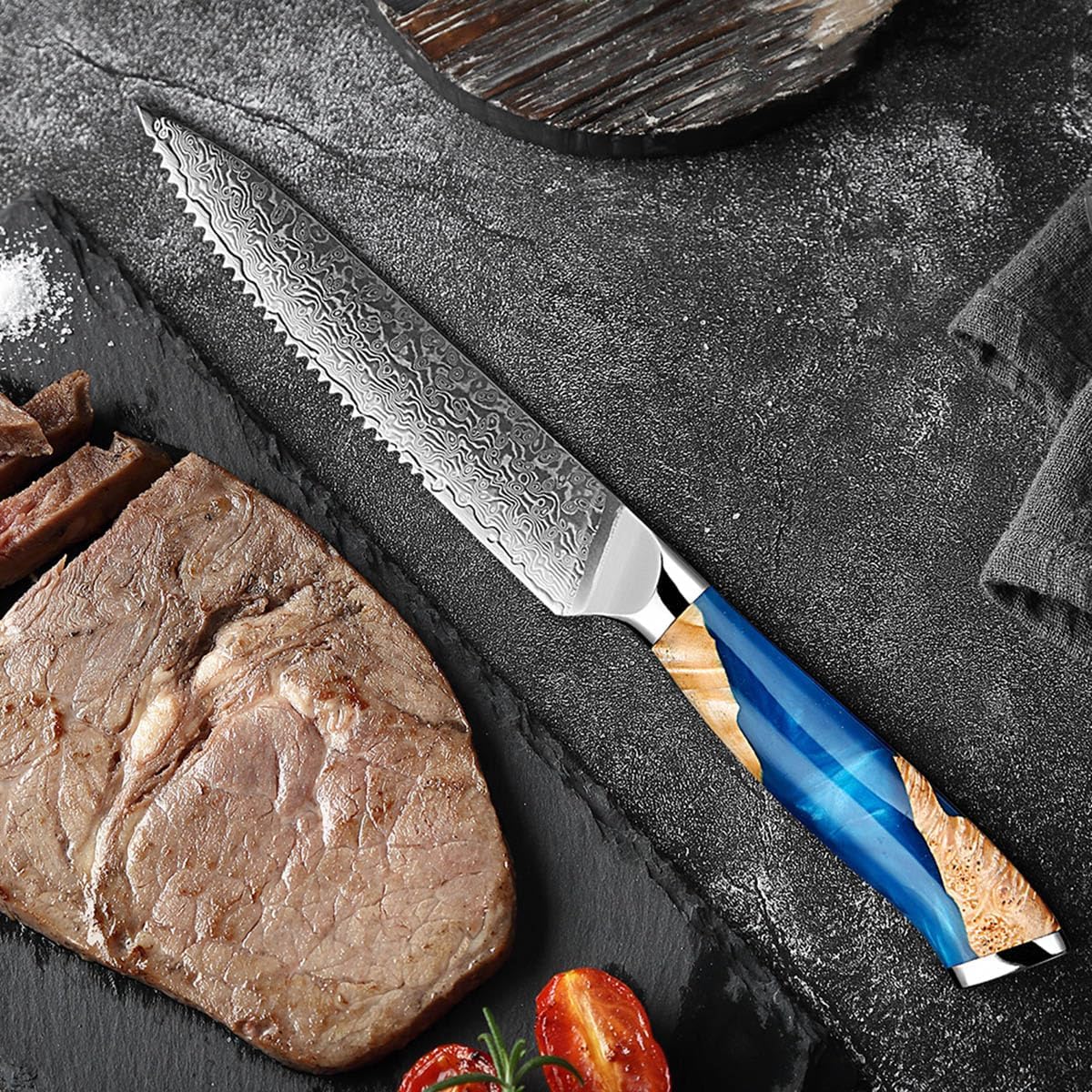 8-Piece Damascus Steel Steak Knife Set,Stainless Steel Serrated Steak Knife Set with Resin Wood Handle,Ideal for Table Dinners and Fruit Pairing,Exquisite Box Package