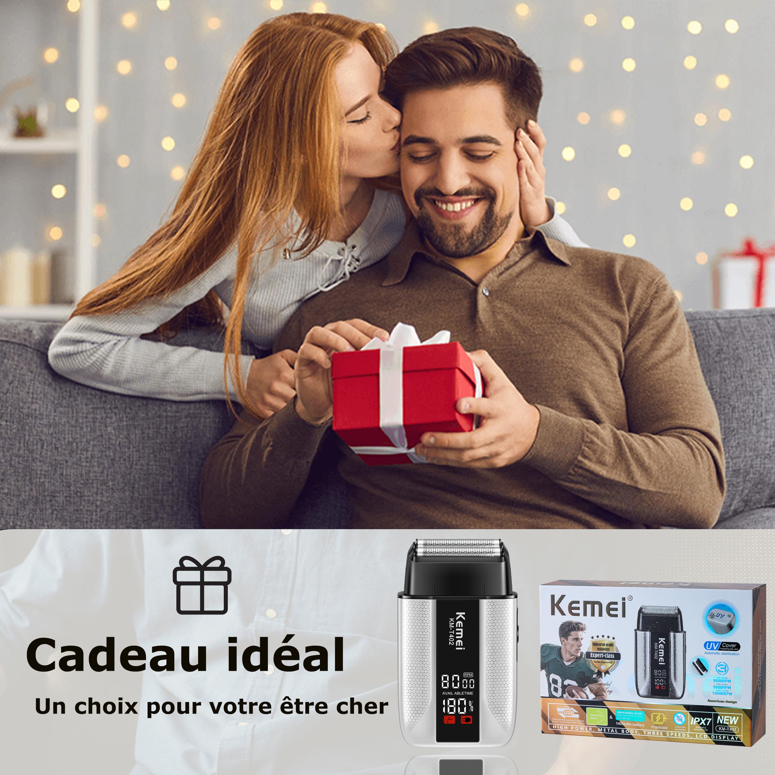 Rasoir électrique professionnel à grille KEMEI T402 pour hommes, étanche IPX7, avec écran LED, double rasoir électrique à 3 vitesses réglables