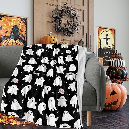 Miniatura 10 de Manta de Halloween divertida con fantasma, lindo y espeluznante de Halloween, manta de franela ligera y acogedora para sofá, cama, decoración del
