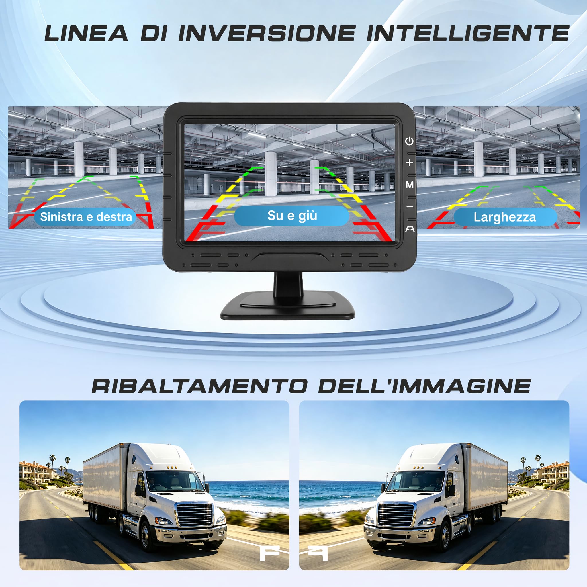 Hikity kit Telecamera Compatto con Monitor 4,3'' Telecamera Girevole a 360° | 12-24V Telecamera Posteriore per Camion Furgone Cablata Stabile Visione Notturna 1080P Linee Di Parcheggio Impermeabile IP68