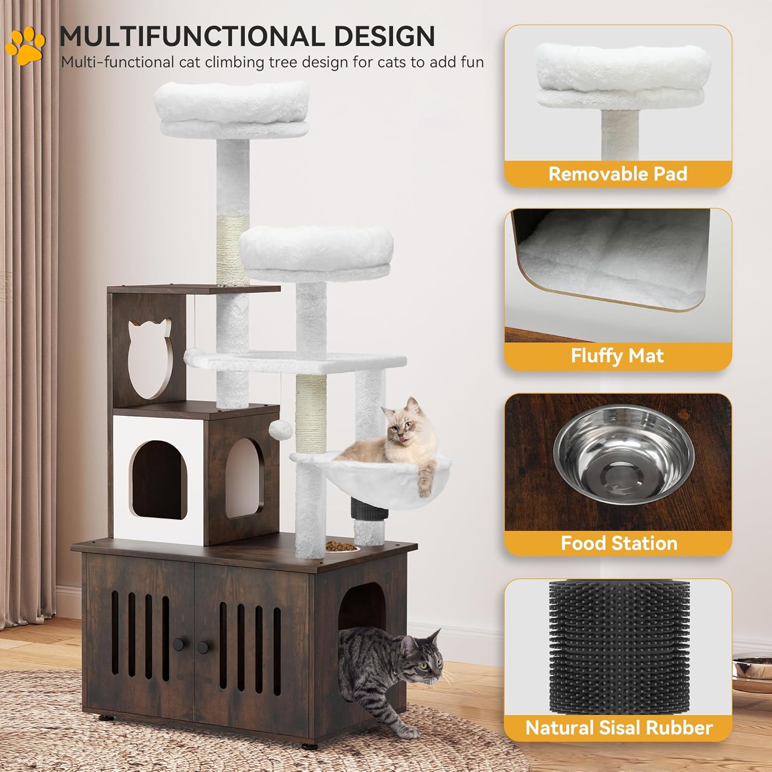 YITAHOME Cat Tree with Litter Box Enclosure, 2-in-1 Cat Furniture, Modern Cat Condo with Cat House, Perch, Food Station, Hammocks, Scratch Post, Hair Brush, 59 Inch, Rustic Brown