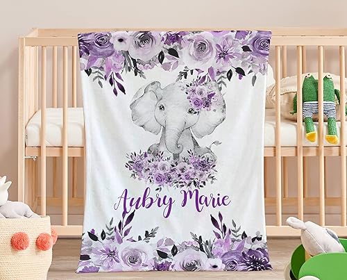 Miniatura 3 de Manta de bebé personalizada para niñas con nombre, mantas de forro polar súper suave con flores y elefantes, manta personalizada para cama de bebé