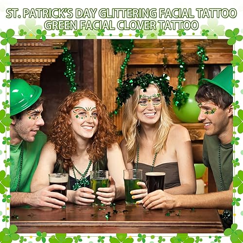 Miniatura 5 de 10 calcomanías de tatuajes faciales del día de San Patricio para mujeres y hombres, decoración temporal de trébol con purpurina verde para el día de