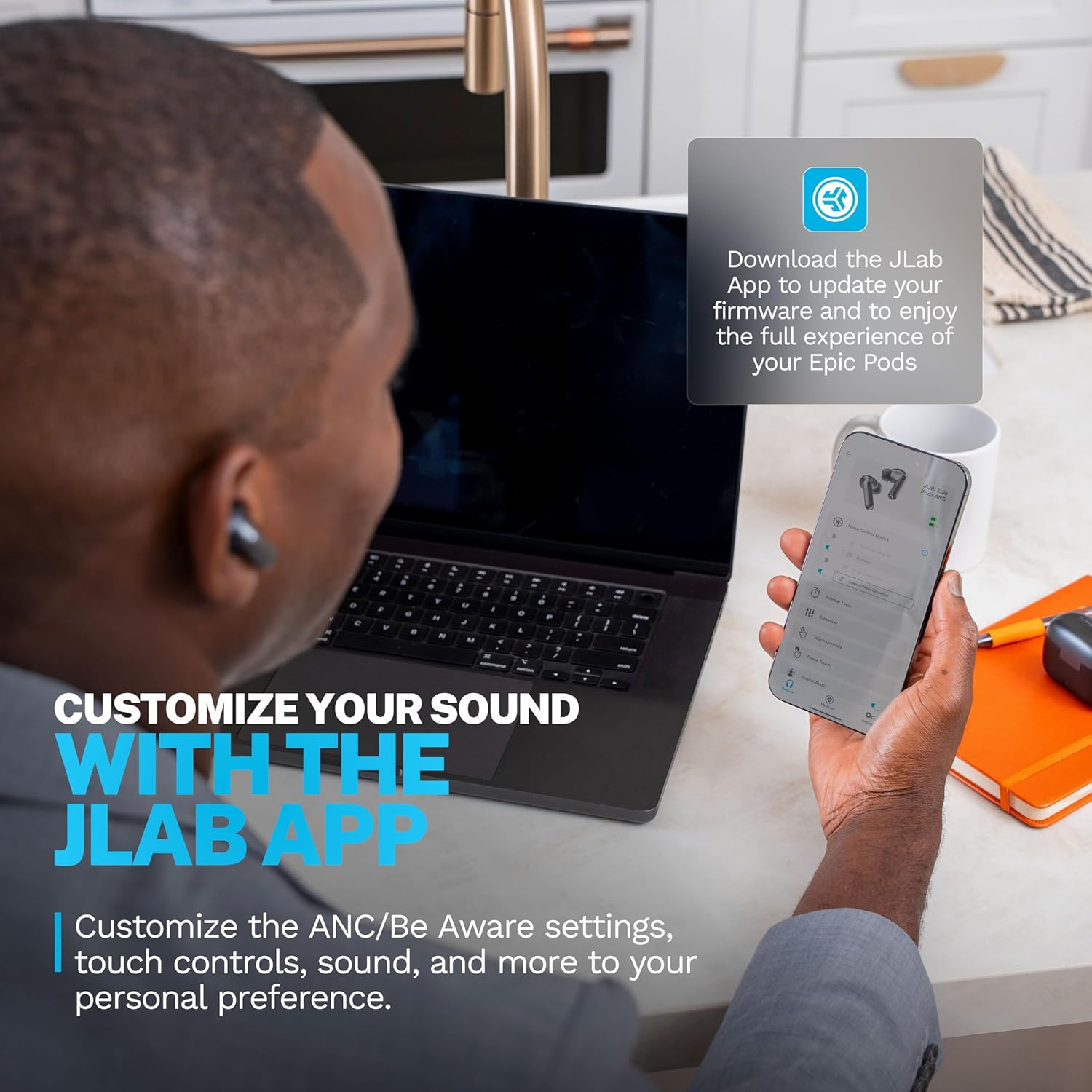 JLab Epic Pods ANC True Wireless Bluetooth Earbuds, Hybrid Dual Driver System, Knowles Balanced Armature, Adaptive Noise Canceling, 56+ Hours Playtime, Custom Sound via App, Wireless Charging, Black - Image 5