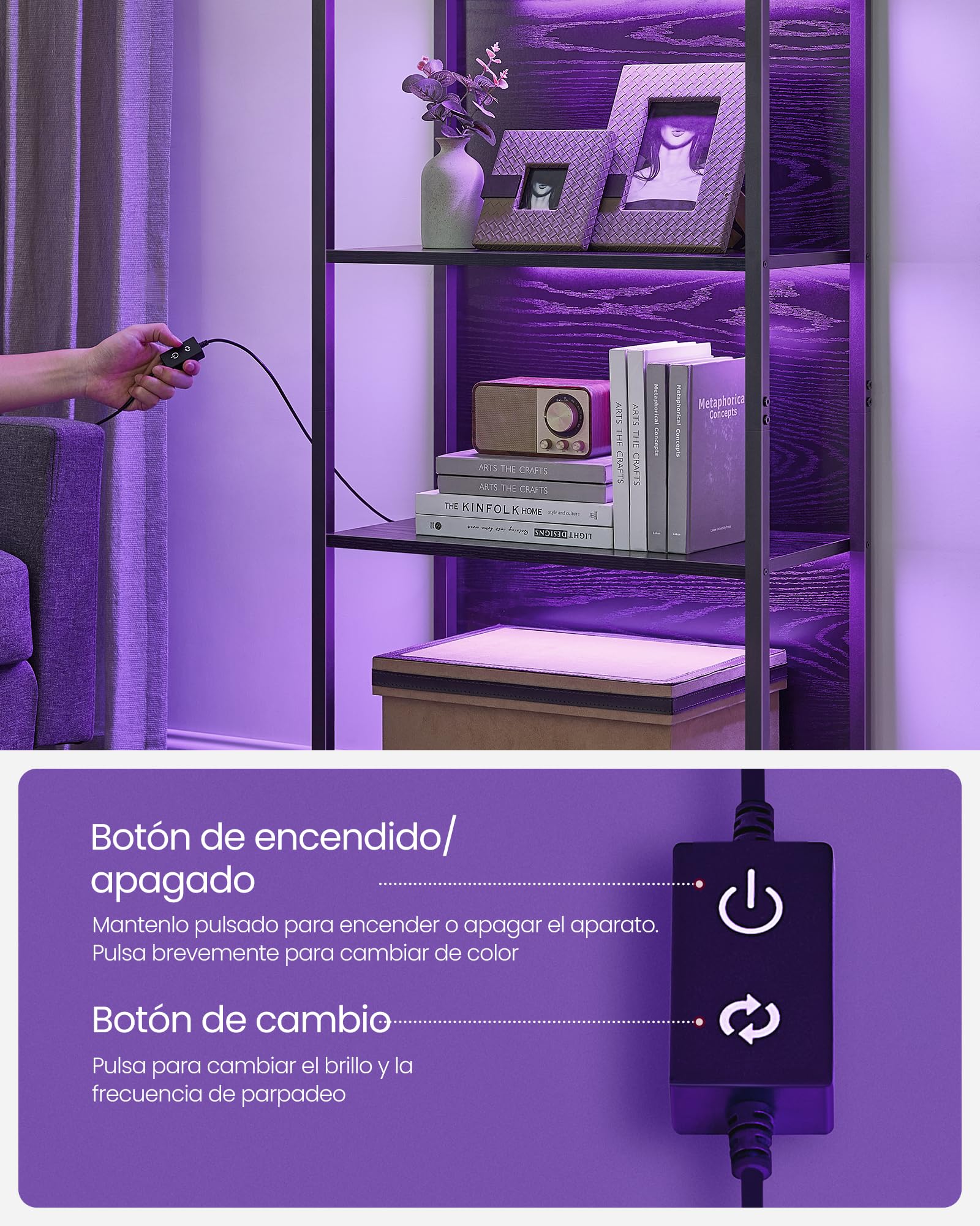 VASAGLE Estantería de 6 Niveles con Luz LED, Librería con Luces Ajustables, Marco de Acero, 30,3 x 60 x 178,6 cm, para Sala de Estar, Dormitorio, Oficina, Negro Ébano LLS120B57