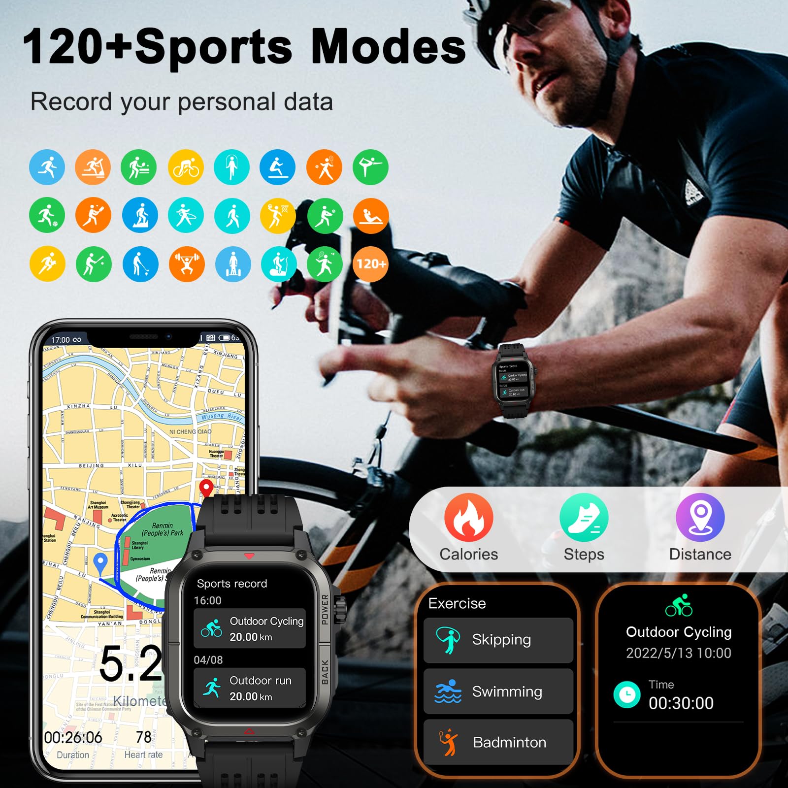 Smartwatch Militare Uomo con Funzione Telefono, Orologio Smartwatch Uomo con Cardiofrequenzimetro/Sonno/Contapassi, 120+ Modalità Sport, Impermeabilen IP68 Smart Watch per Android iOS
