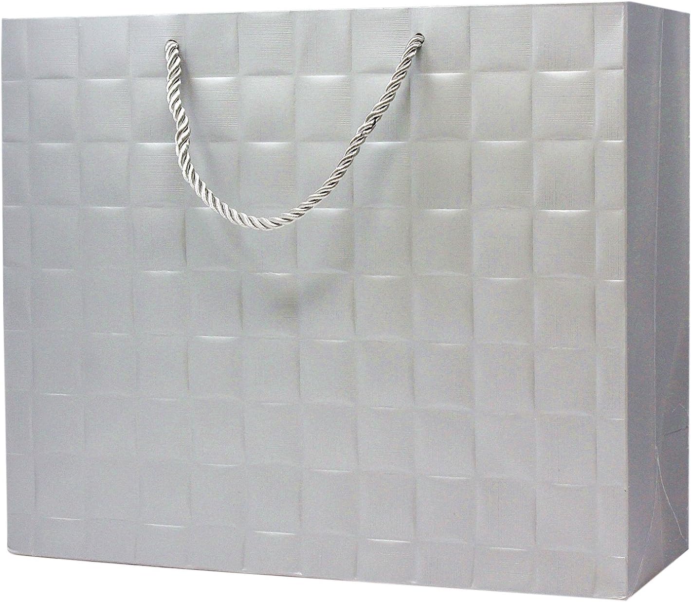 Singular Metallizing Paper Square Embossed Horizontal Paper, Shopping, Retail Bag with Rope Handle, Large, 16'' L x 12.6'' W x 4.7'' H, Silver, Set of 12