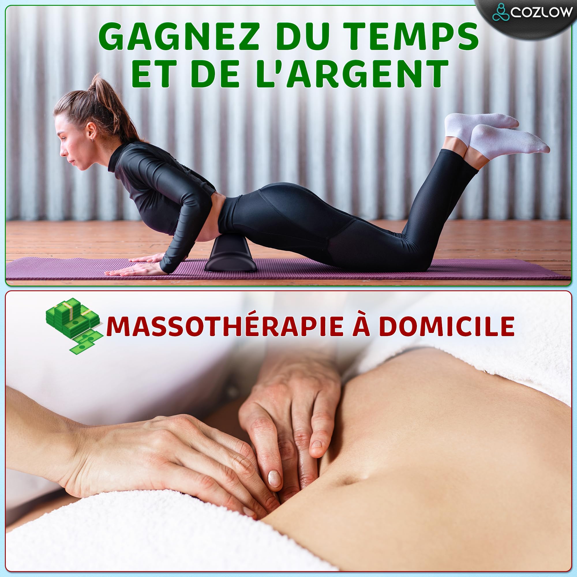 Cozlow Outil de massage pour libération du psoas – Noir – Étireur musculaire des muscles fléchisseurs du dos et des hanches – Masseur de tissus profonds pour soulager la douleur – par Cozlow