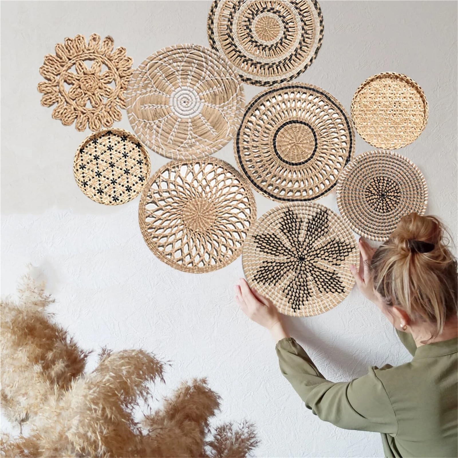 Cesta de pared de ratán 9 Uds. Decoración De Pared Ratán, Decoraciones For El Hogar, Cesta Mimbre, Cestas Colgantes For, Platos Decorativos For