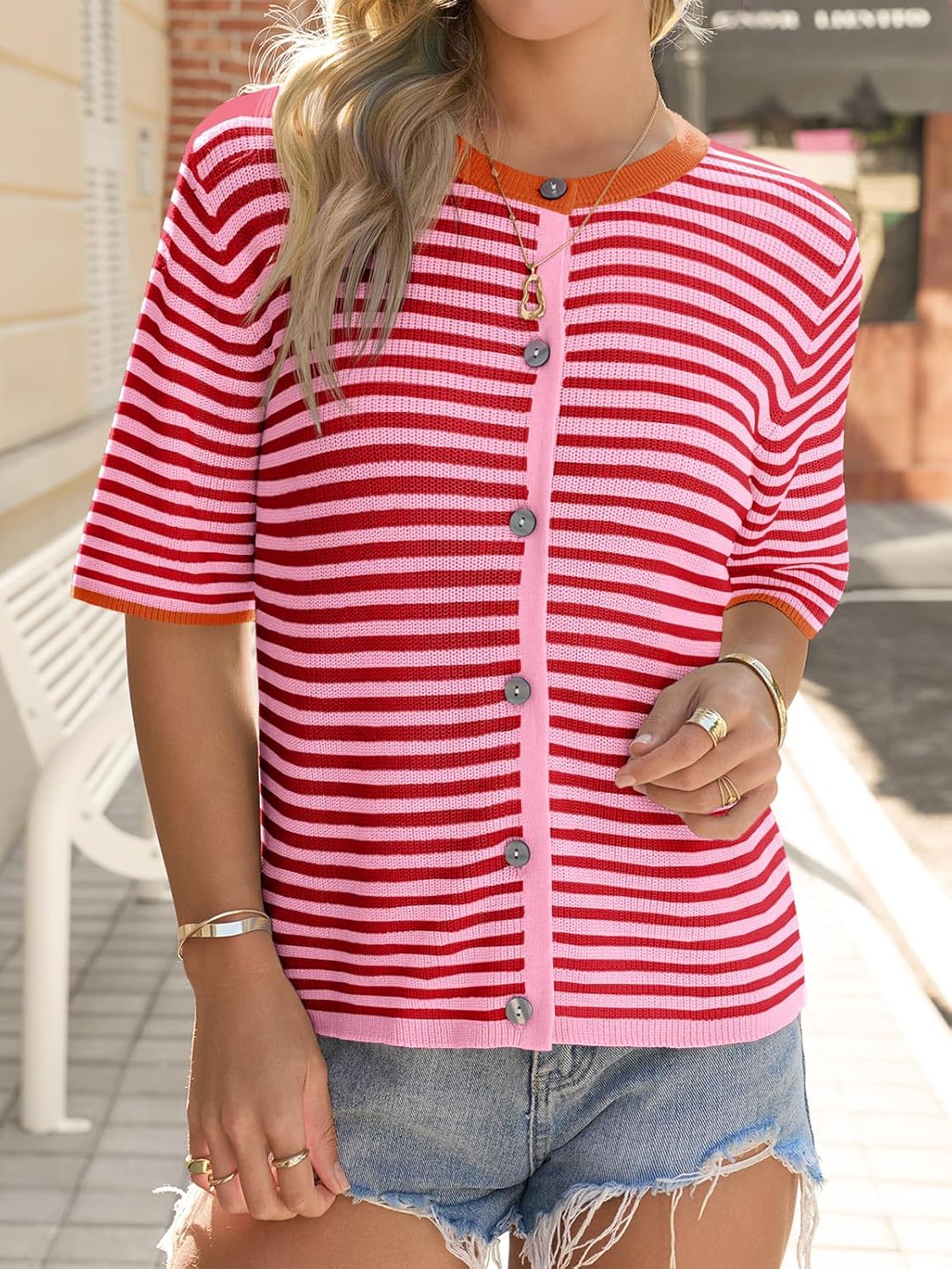 Saodimallsu Womens Short Sleeve Cardigans Lightweight Striped Button Down Crew Neck Spring Summer Sweater Tops - Image 2