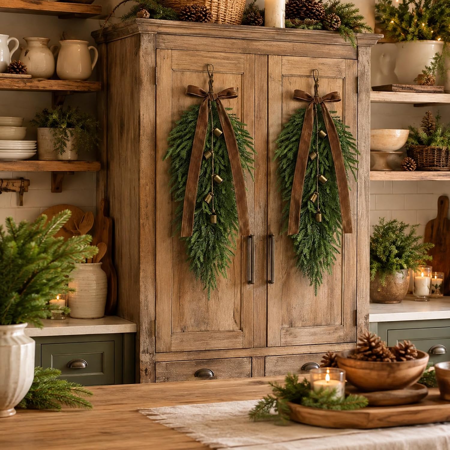2Pcs 36inch Christmas Norfolk Pine Teardrop Swag Wreaths for Front Door