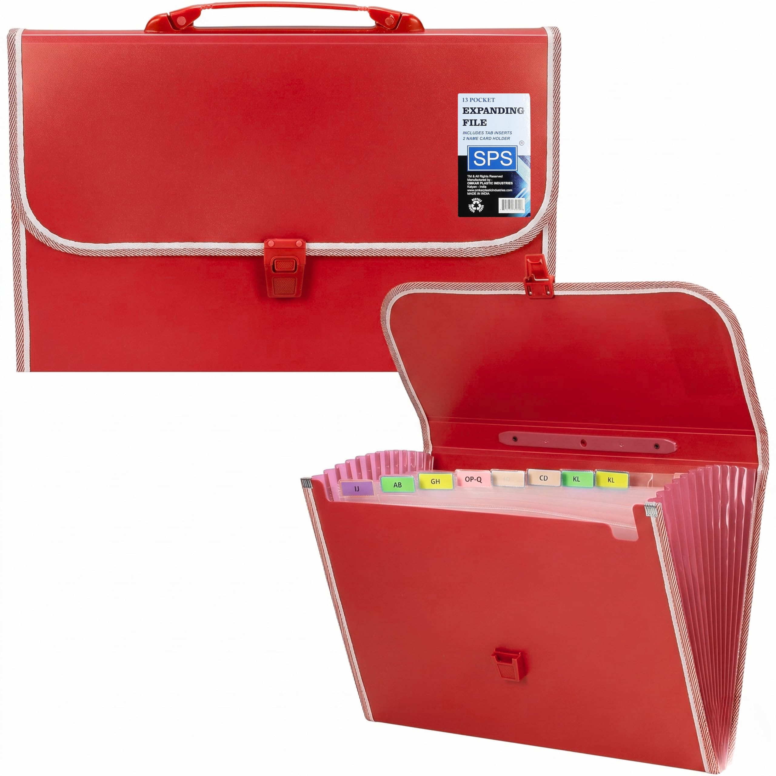 SPS Cartella portadocumenti espandibile con 13 tasche con chiusura a fibbia, indice etichette e maniglia per documenti A4/protocollo/legali (rosso)