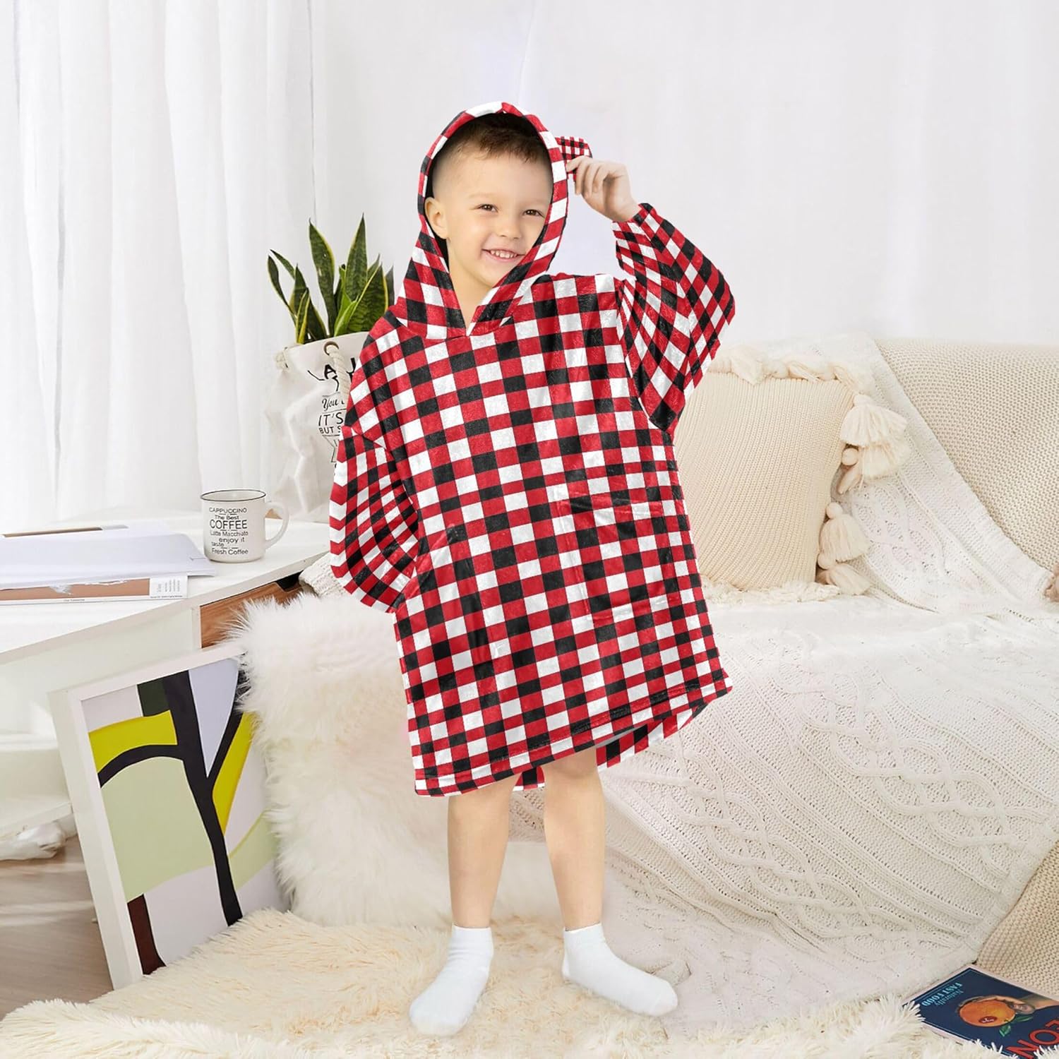Red Black Buffalo Check Plaid Kids Wearable Blanket Hoodie and Sleeves for Toddlers, Cute Hoodies Girls B0403663