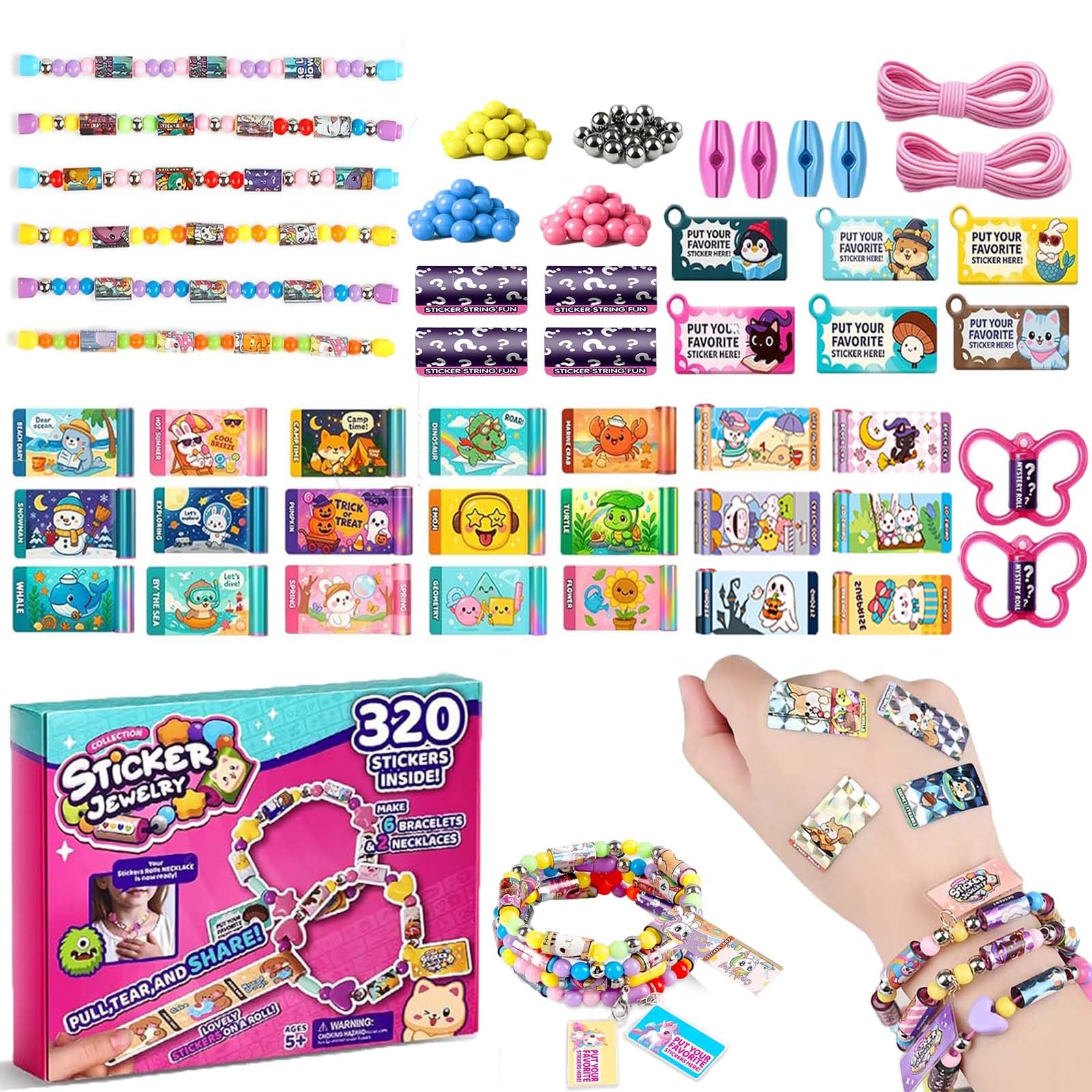 Afufu 320 Mini Holographic Stickers DIY Jewellery Making Kit for Girls | 6 Bracelets & 2 Necklaces, Reusable Kawaii Sticker Friendship Bracelet Toy Arts Crafts Set Age 3+, School Prize Party Favours