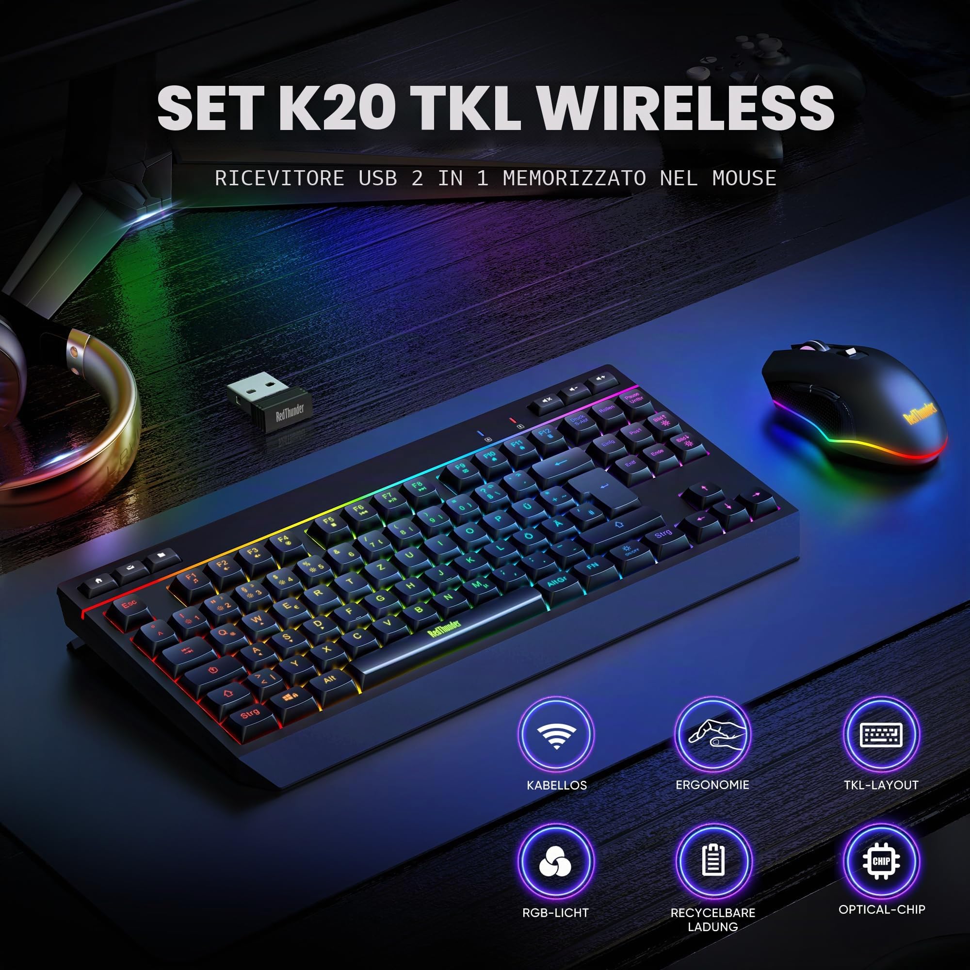 RedThunder Set tastiera e mouse wireless 75%, QWERTZ 94 tasti TKL Layout, RGB, tastiera wireless ricaricabile con tasti funzione multimediale, mouse ottico 7D per PC Xbox PS5, ufficio (nero)