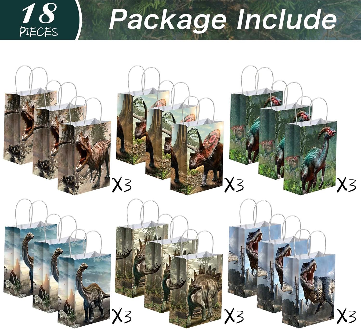 Funrous Dinosaur Gift Bags Dino Party Favor Dinosaur Treat Goodie Bags with Handles Dino Gift Package Candy Goodie Paper for Kids' Birthday Decorations Party Supplies, 8.7 x 6.3 x 3.2 In(18 Pcs) - Image 3