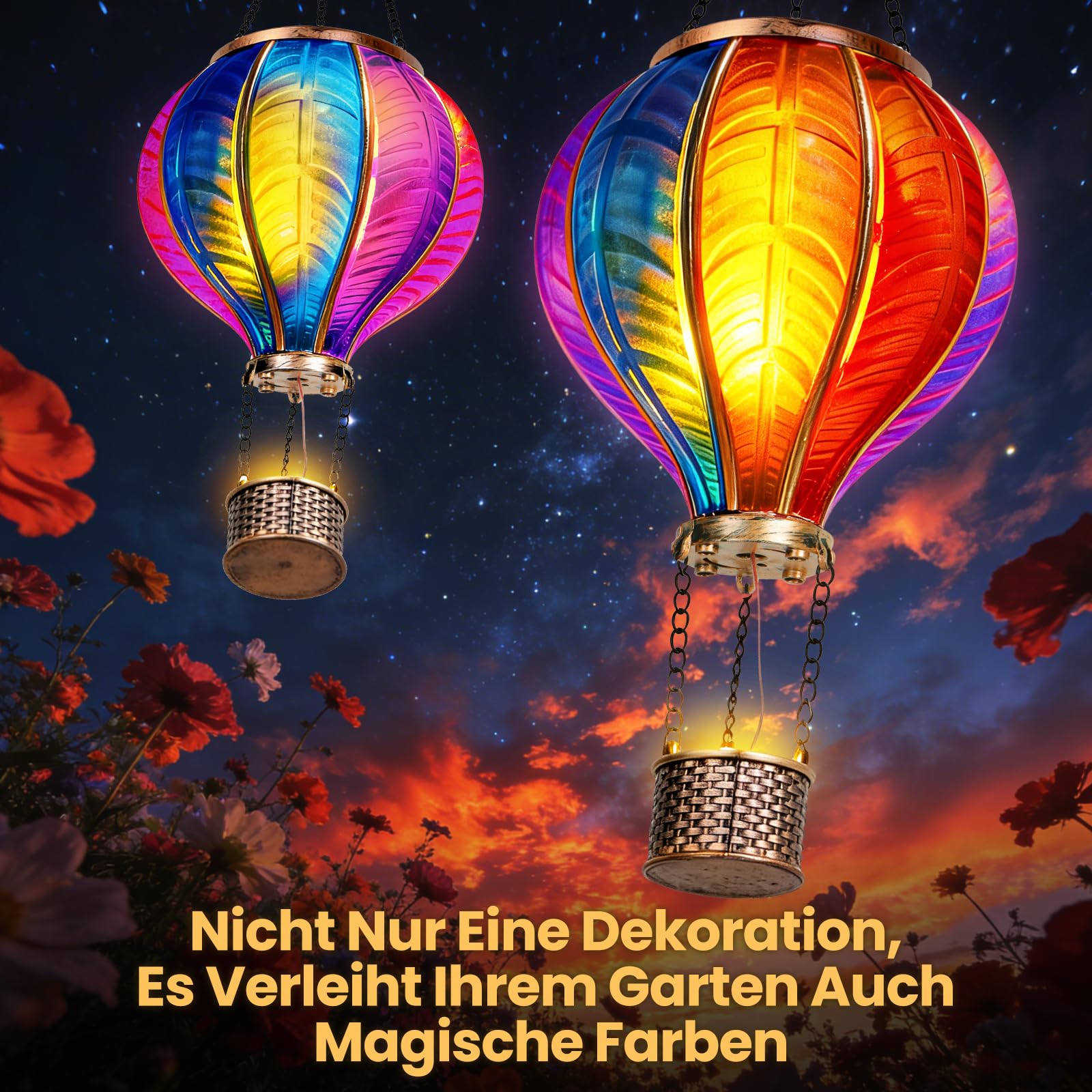 JONRRYIN 2er Solar Heißluftballon, Extra Groß 46,5x13,8 cm Solarlaterne für Außen, Heißluftballon Deko, Windlicht mit Flammeneffekt für Garten, Terrasse, Balkon & Rasen, Metall & Kunststoff (Solar)