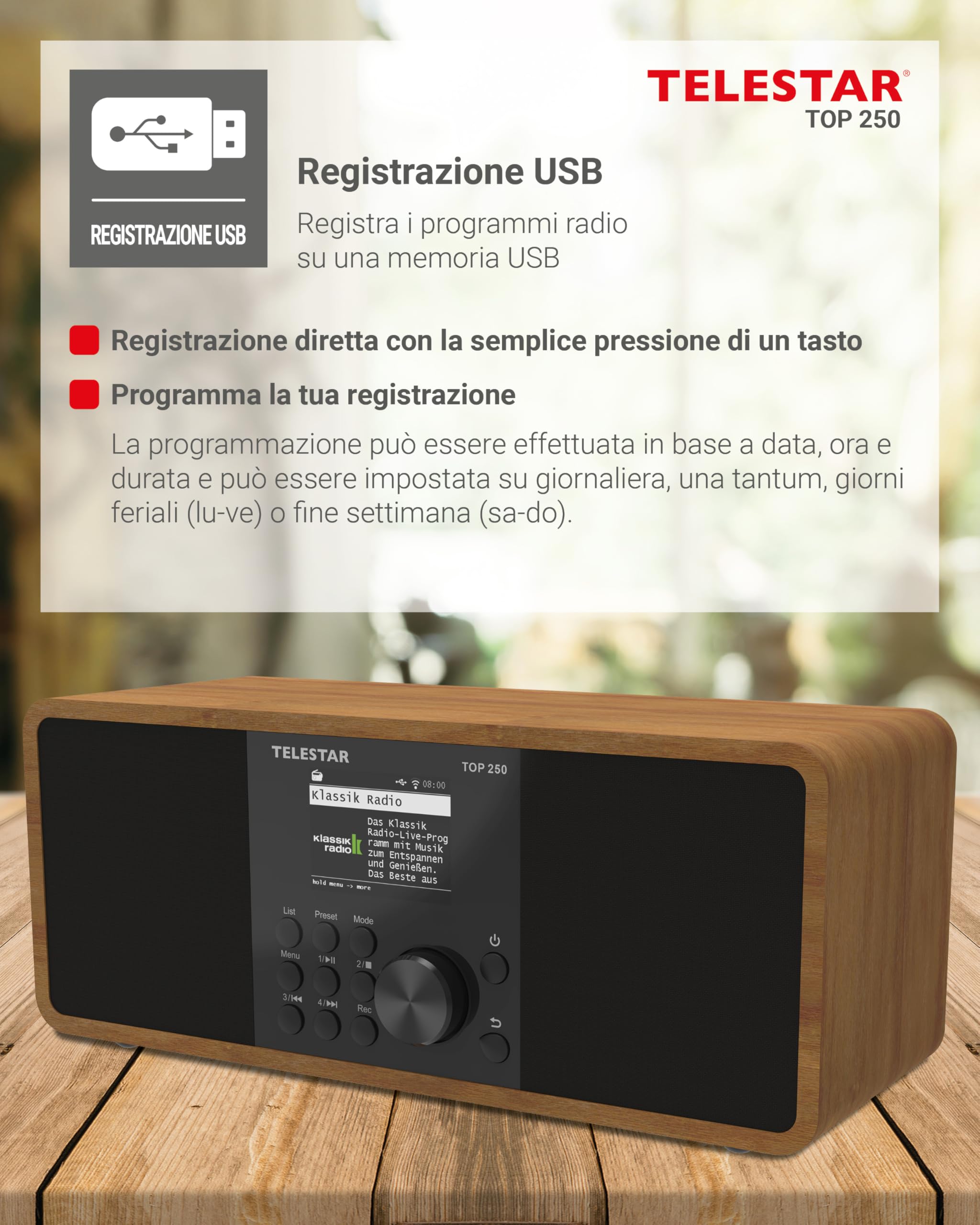 TELESTAR TOP 250 Radio DAB+ Internet Bluetooth Audio-Streaming 2x10W USB registrazione Legno