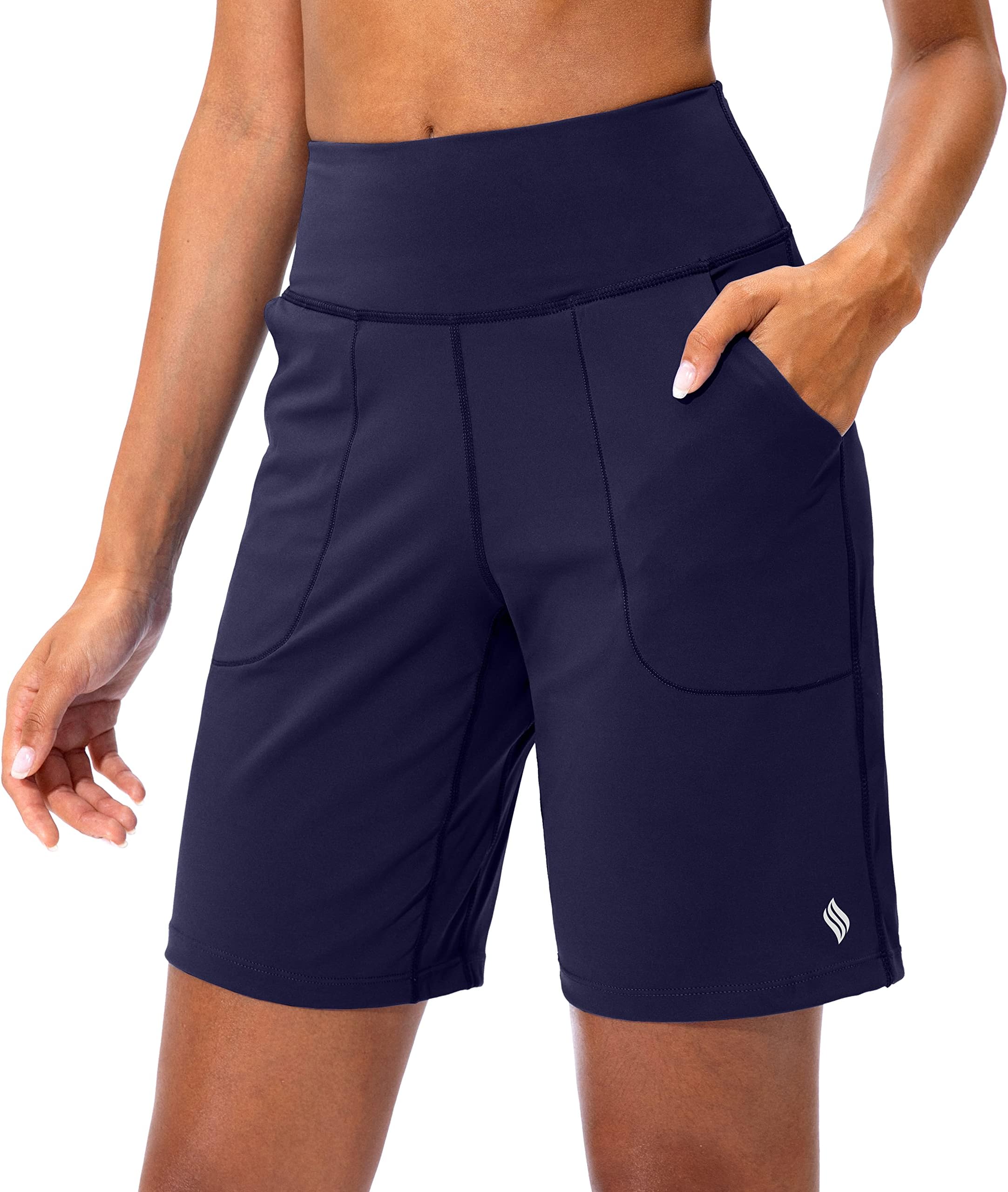 SANTINYBermuda Shorts for Women with Zipper Pocket Womens High Waisted Long Shorts for Running Workout Athletic