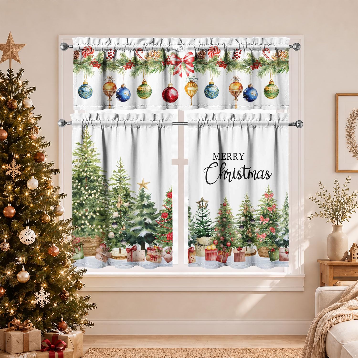 Christmas Tree Kitchen Curtains 3 Piece Set Tier Valance