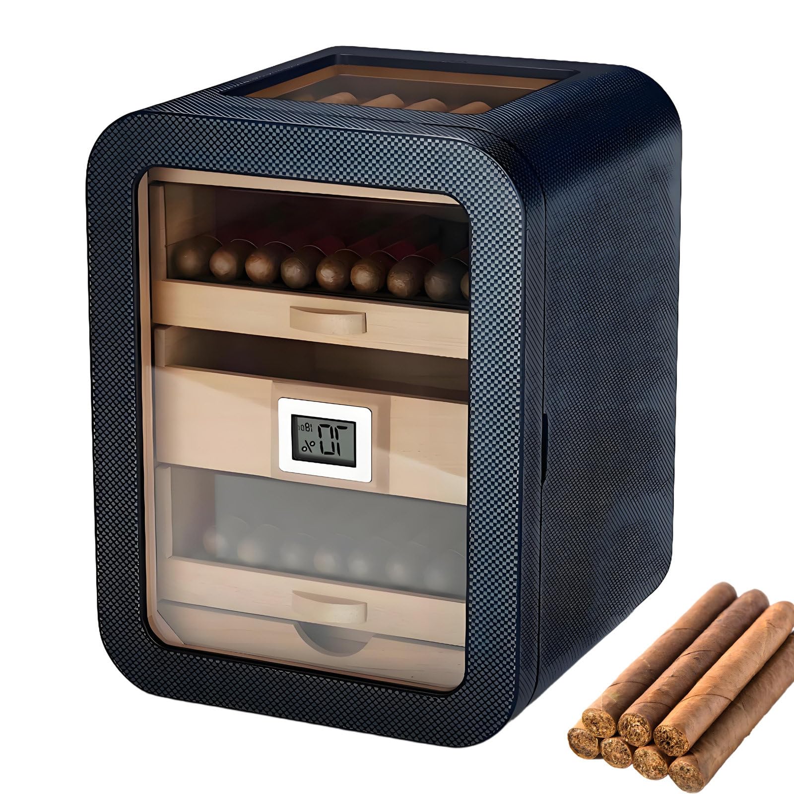 Humidor eléctrico para Puros con higrómetro Digital y Puerta de Vidrio Templado, para 110 Puros, silencioso, con Estante y cajón de Madera de Cedro para Hombres. A