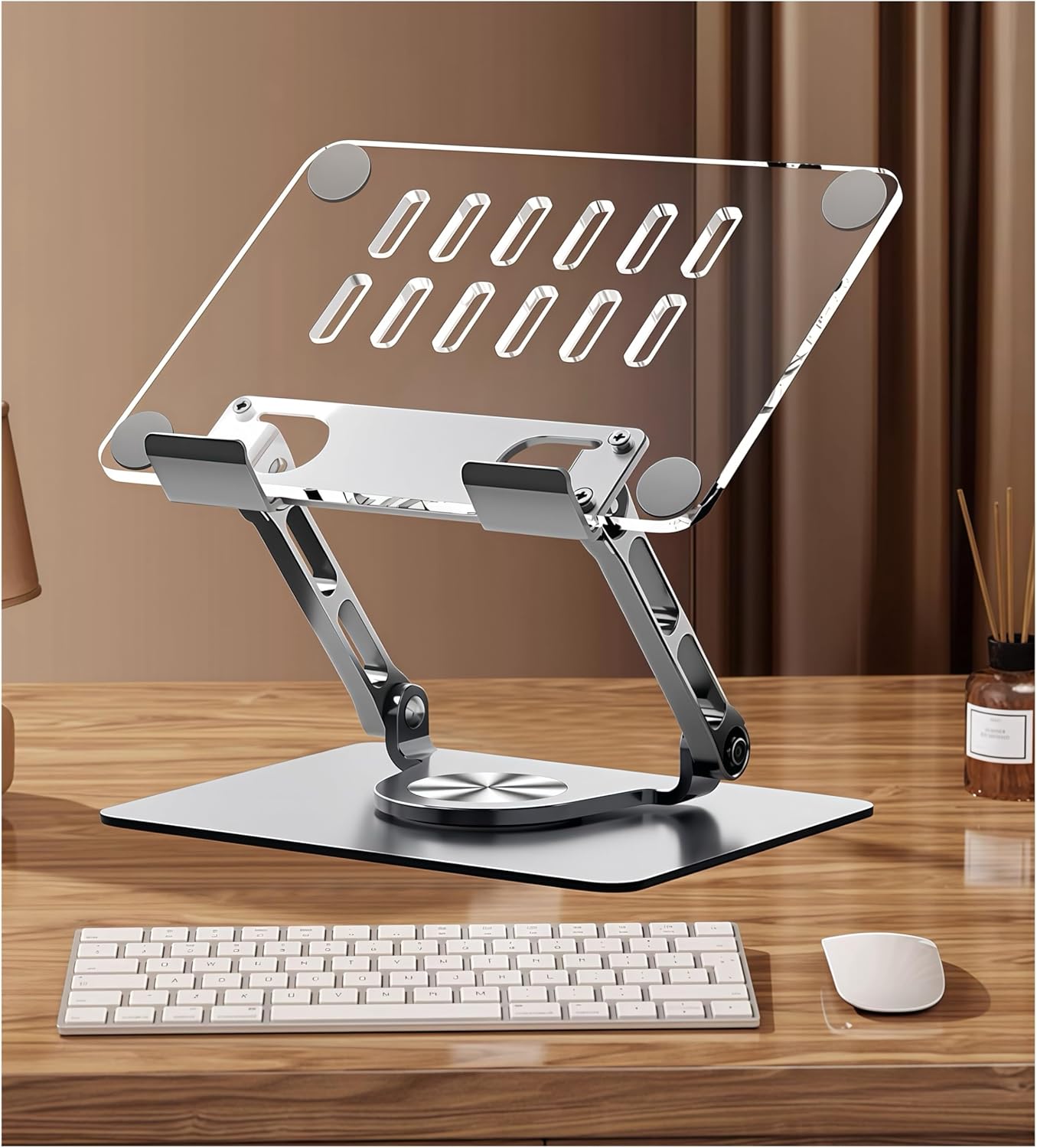 Acrylic Tablet Stand Holder - Adjustable iPad Desk Stand with 360° Rotating Base, Compatible with 4.7-12.9inch Device Such as iPad Pro Air Mini and More, Clear+Silver