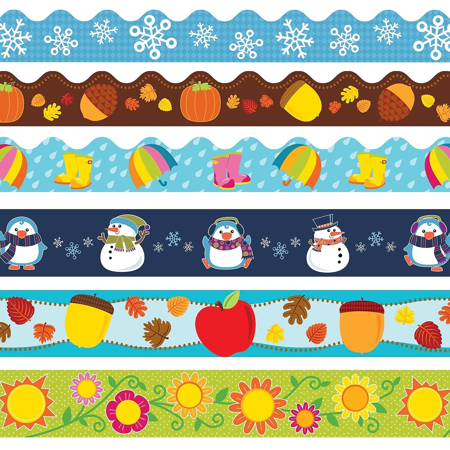 Carson Dellosa 225ft Seasonal Bulletin Board Borders, Flower, Snowflake, Umbrella, Acorn, Pumpkin Bulletin Board Border 6-Pack for Bulletin Board, Classroom Décor, Spring, Summer, Winter, Fall Décor