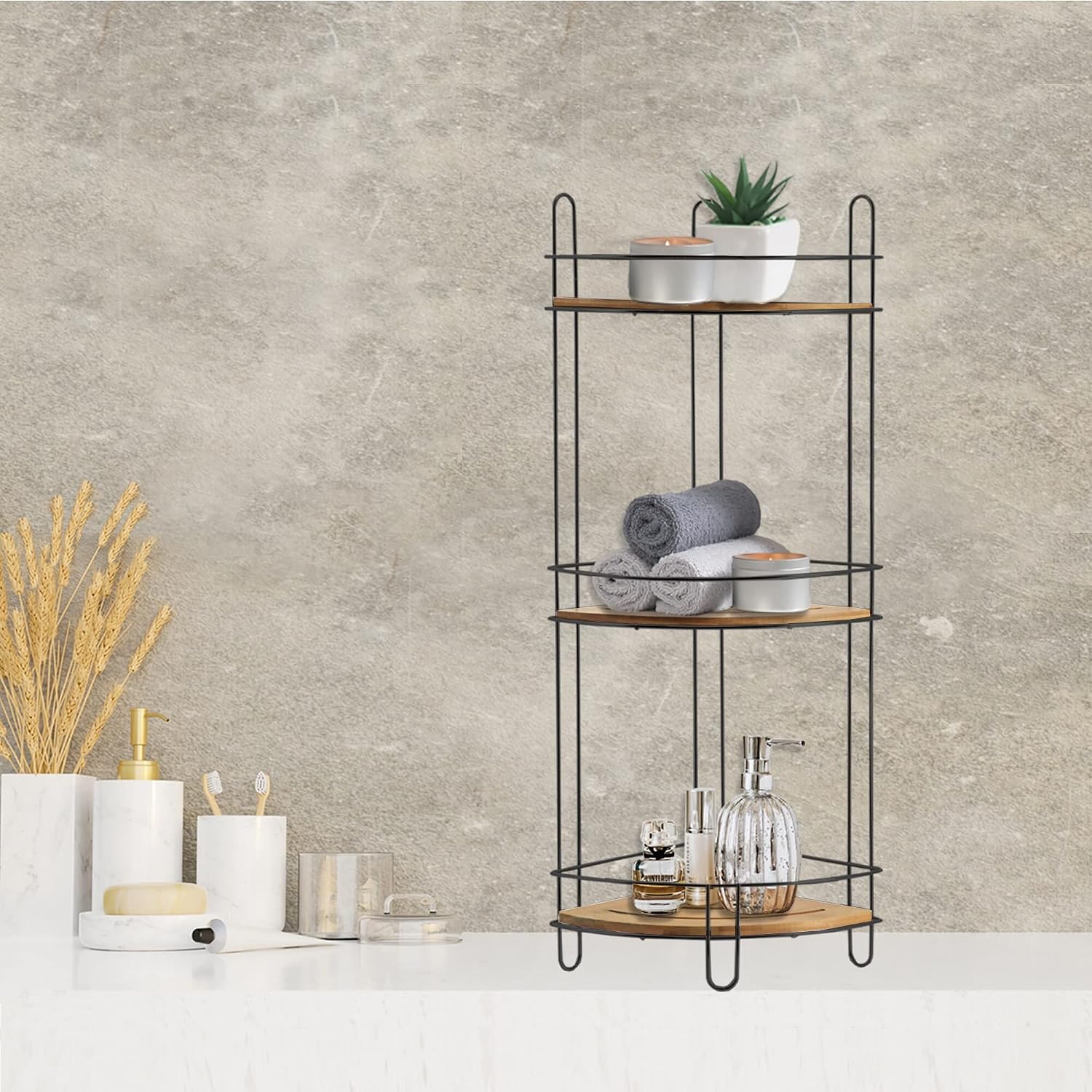 EVIDECO French Home Goods Corner Bathroom Organizer Storage Tower 3 Shelves Bamboo Black Metal
