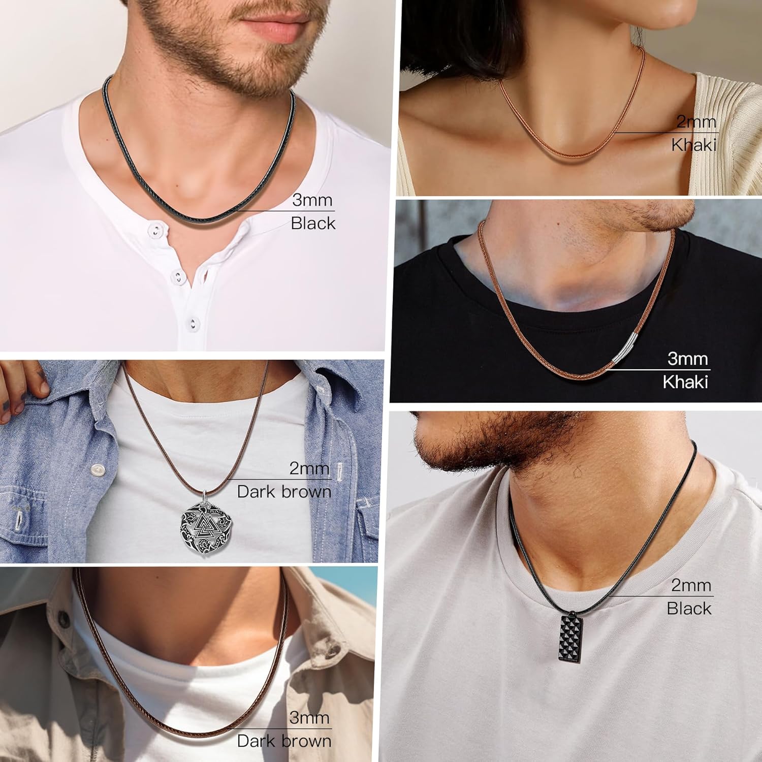 Waterproof Braided Leather Necklace Cord Chain for Men Women, with Sturdy Silver/Black Clasp, 2MM/3MM Flexible Brown/Black Rope Chain for Pendant 16"-30" Length (Send Gift Box) - Image 6