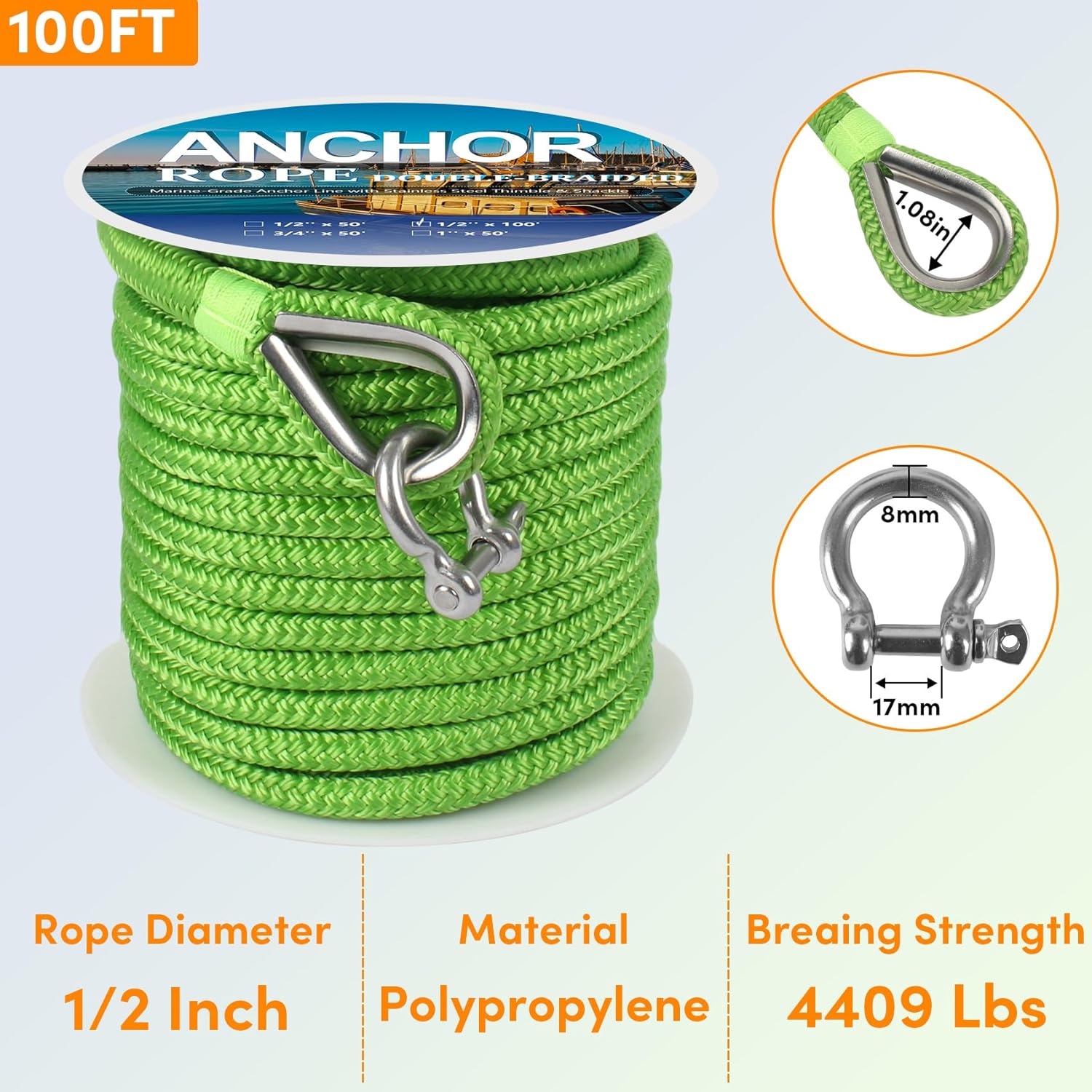Anchor Rope 100 ft X 1/2 inch, Double Braided Anchor Line, Boat Rope with Stainless Steel Thimble and Shackle for Boating, Anchoring, Mooring, Pulling (Green)